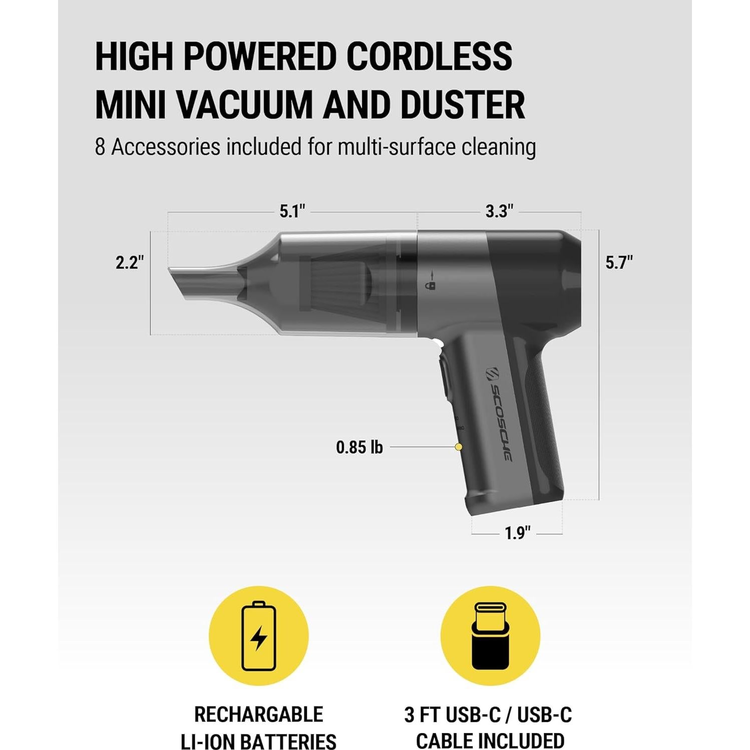 Aspiradora de Mano Inalámbrica Scosche SCOVAC 4 en 1, 12000 PA