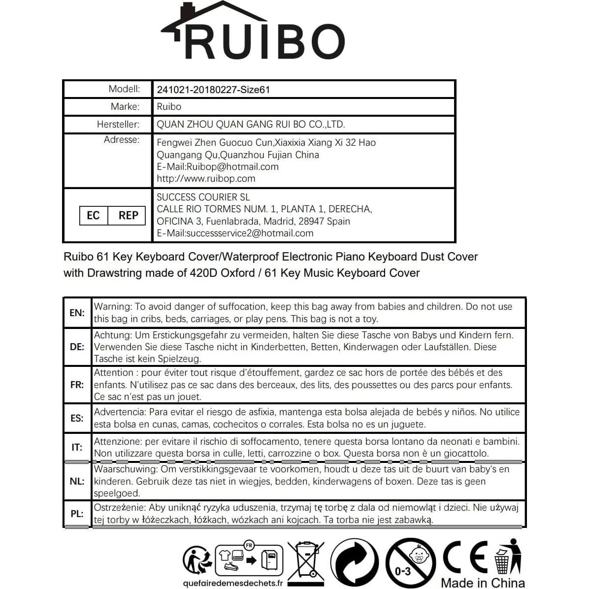 Cubierta de Teclado Musical Ruibo 61 Teclas Impermeable Oxford