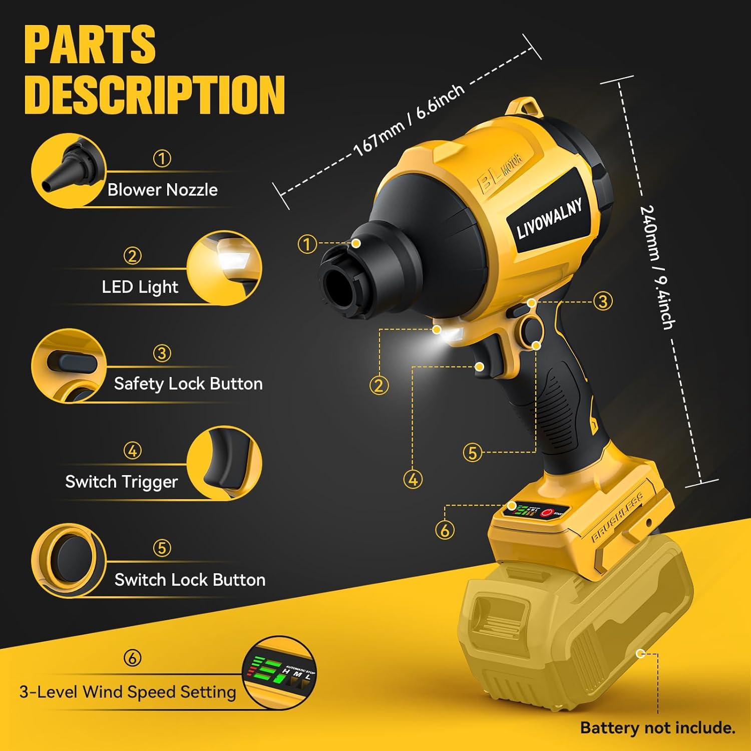 Soplador de Polvo Inalámbrico LIVOWALNY 20V 447 MPH para Dewalt