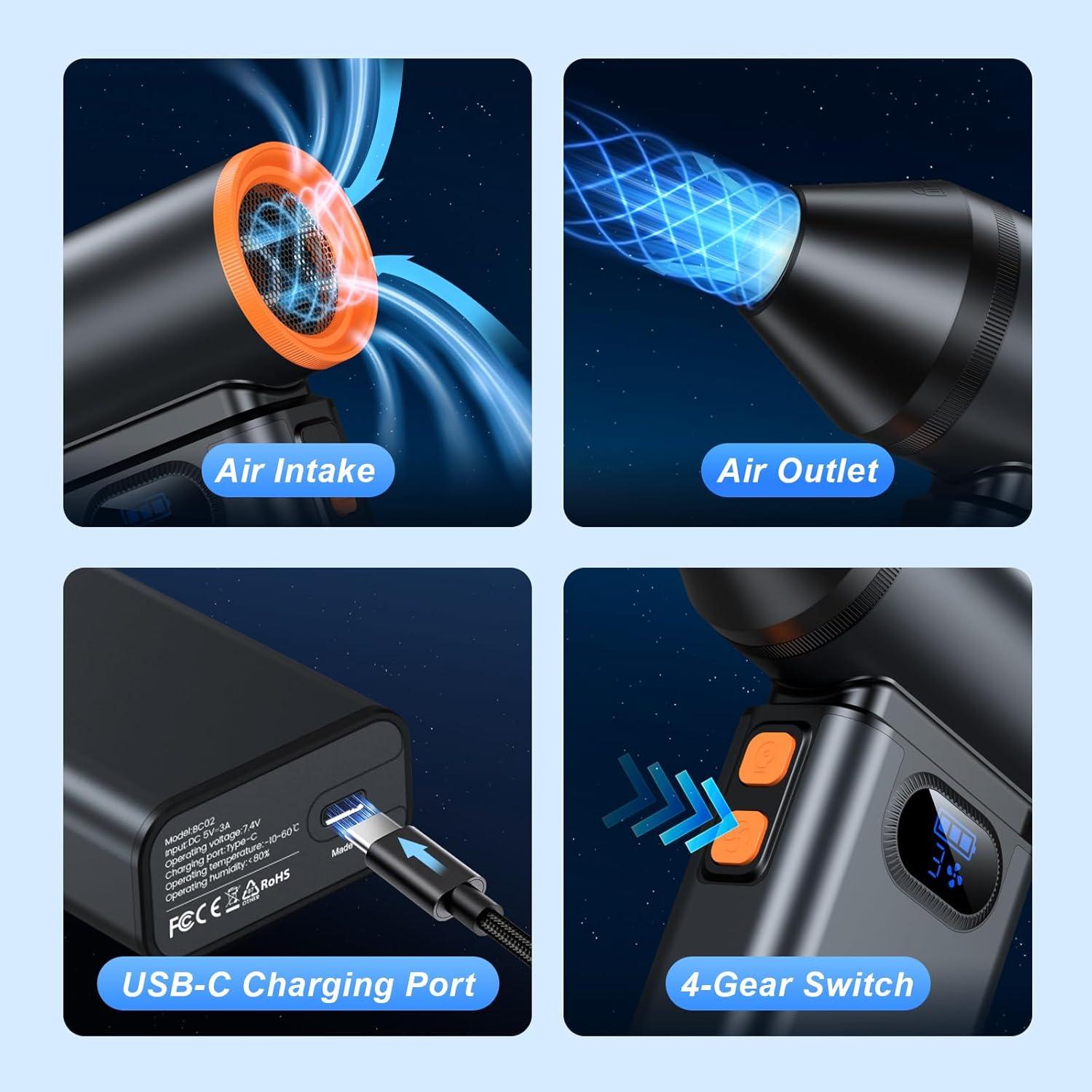 Soplador de Aire Eléctrico BAOHZ BC02, 4 Velocidades, 6000mAh