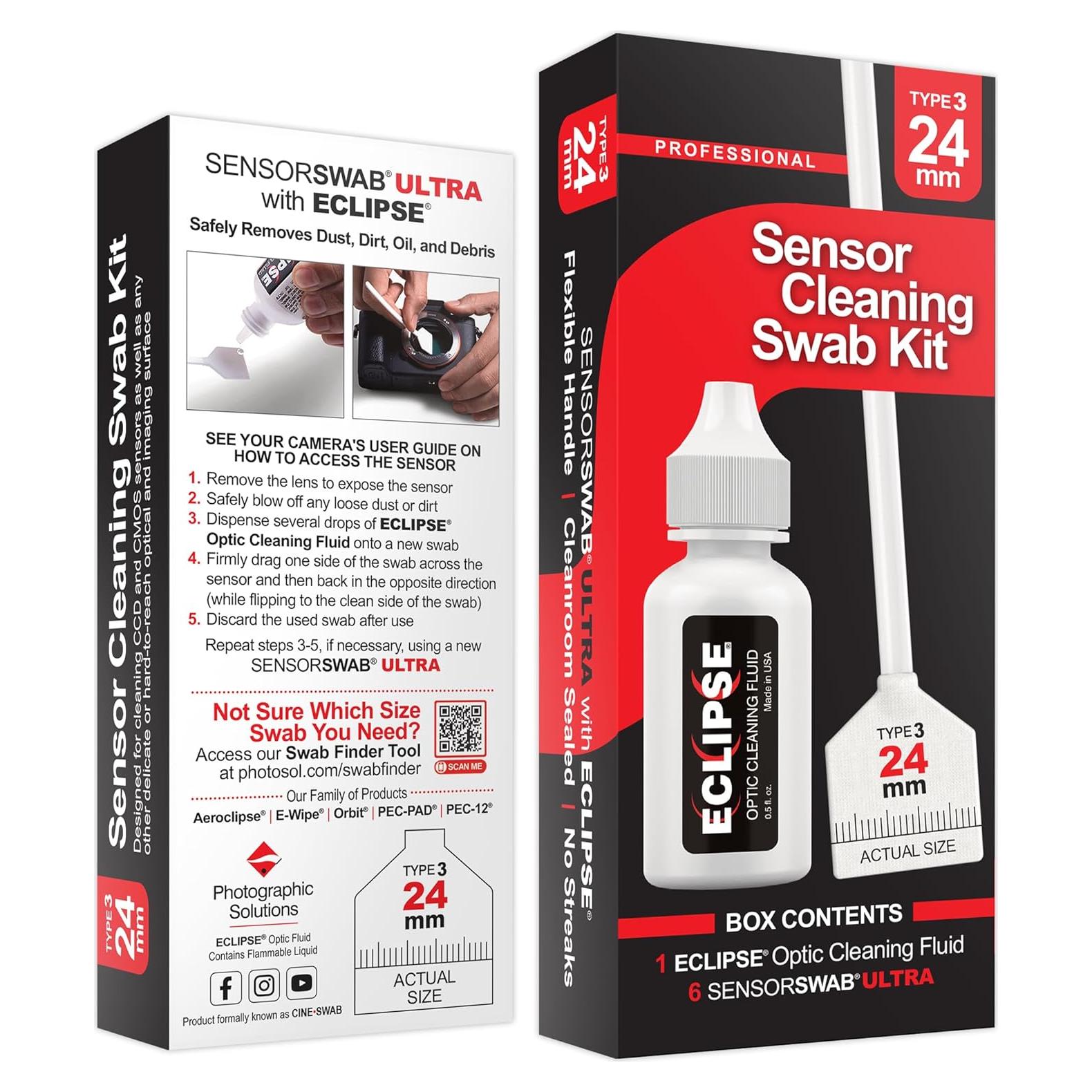 Kit de limpieza de sensores Eclipse - Soluciones Fotográficas 15ml + 6 hisopos 24mm