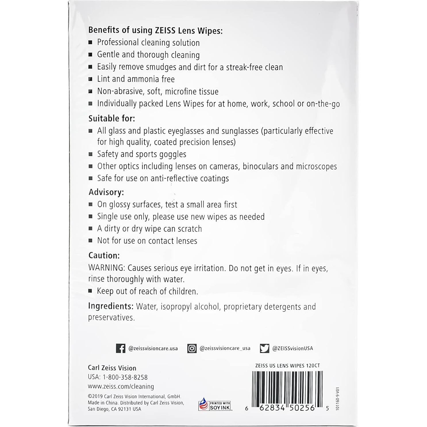 Toallitas de limpieza ZEISS, 120 unidades, prehumedecidas