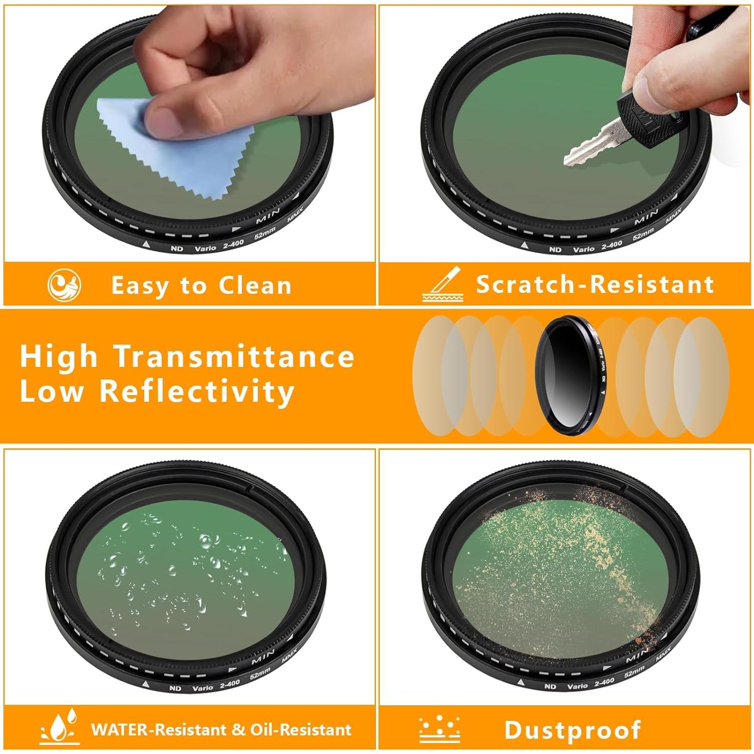 Filtro ND2-ND400 52mm Ajustable para Teléfonos y Cámaras