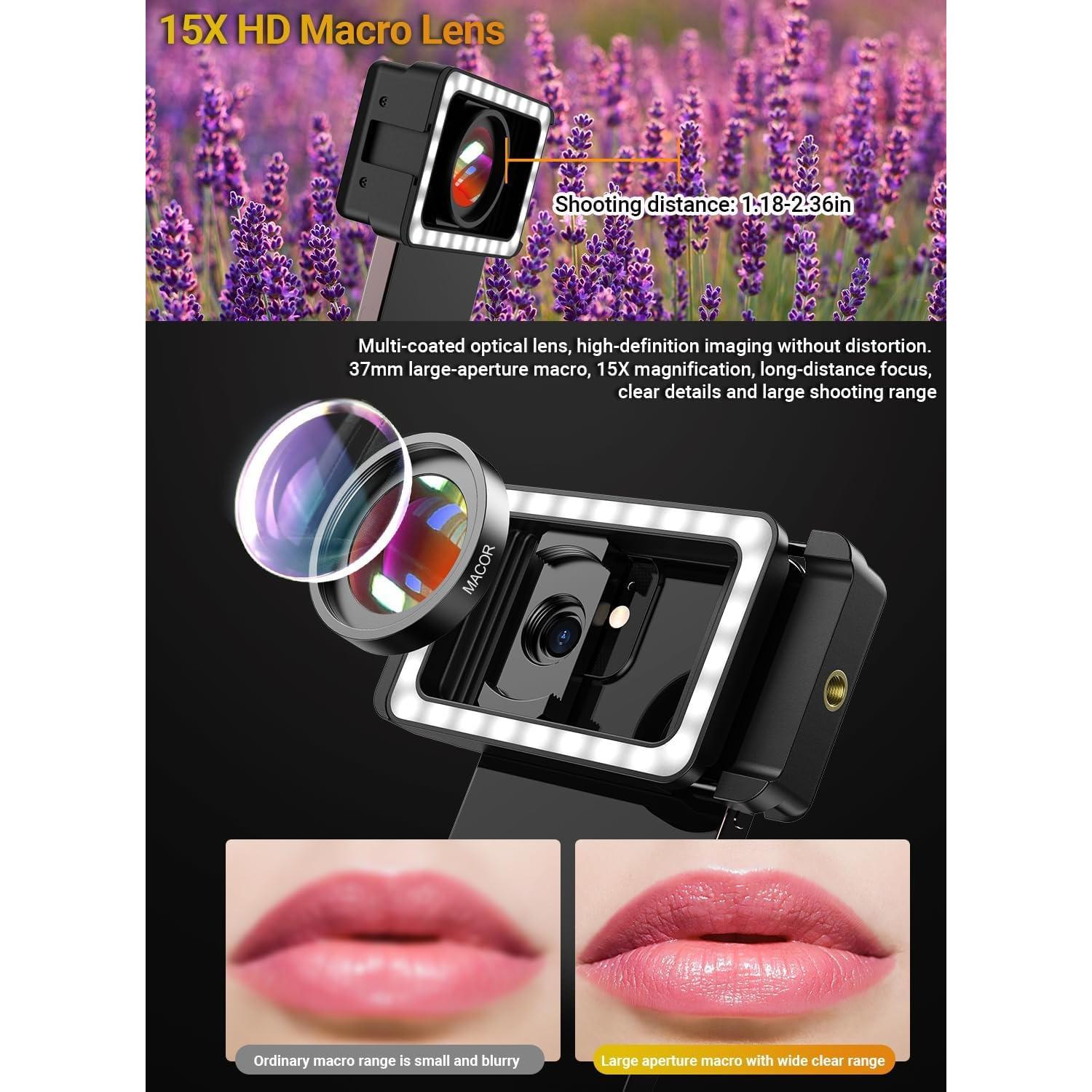 Lente Macro APEXEL 15X con Luz LED para Smartphones