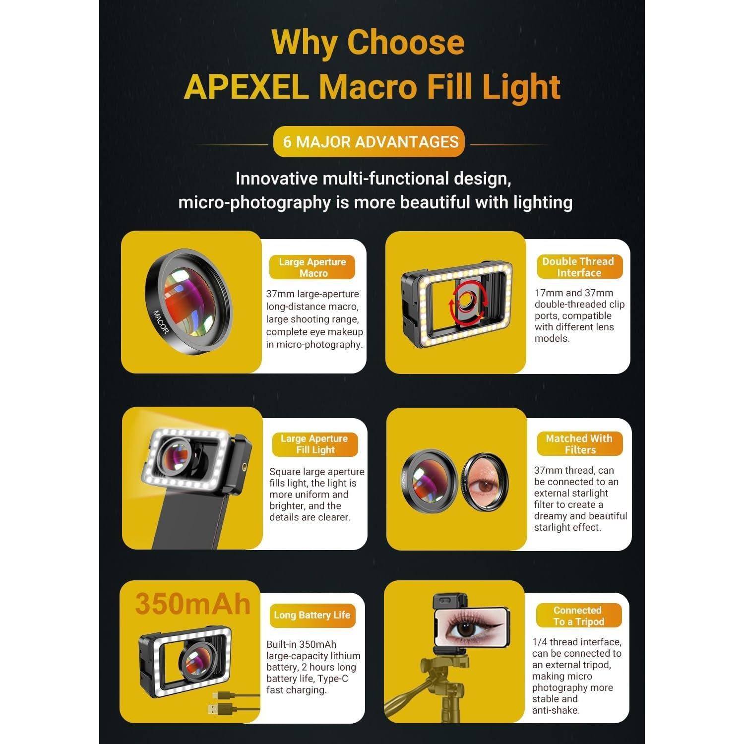 Lente Macro APEXEL 15X con Luz LED para Smartphones