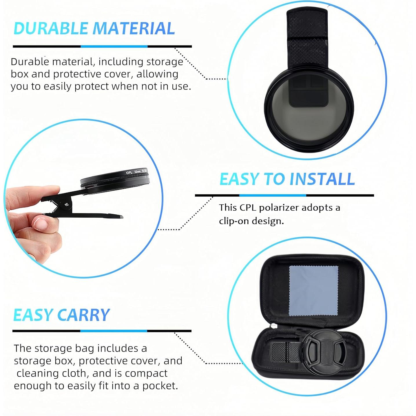 Filtro CPL 52 mm HerFarCai para Smartphone - Polarizador Universal