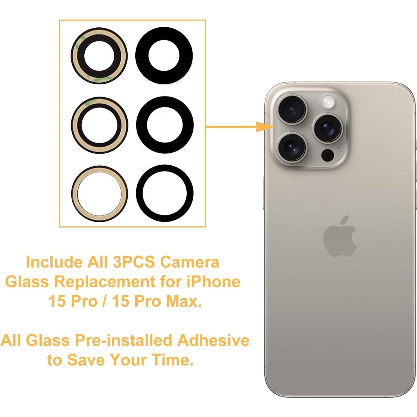 Reemplazo Lente de Cristal Cámara Trasera ELUVIE iPhone 15 Pro Max