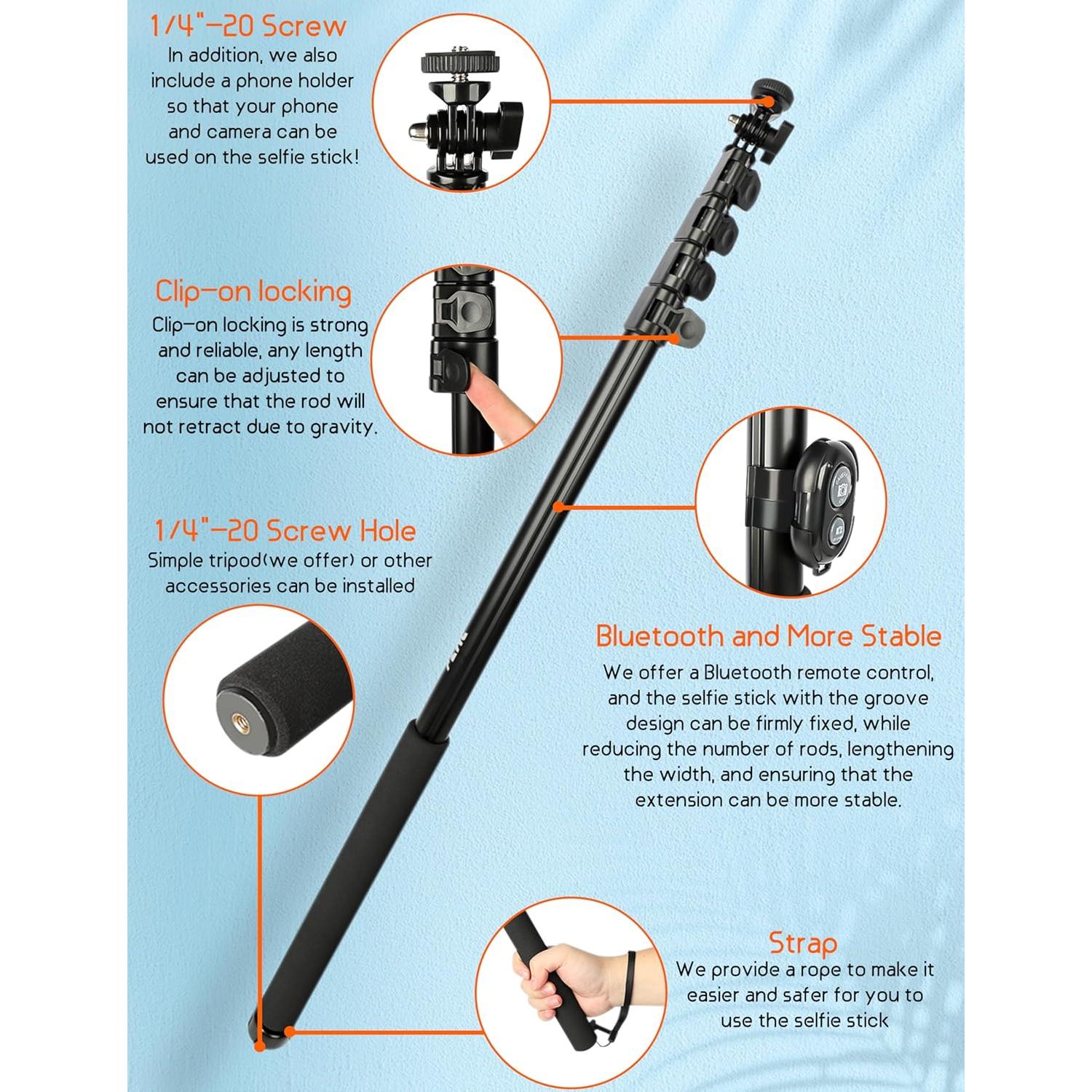 BMZX 118" Long Selfie Stick for 360 Cameras GoPro,9.8ft with Wireless Remote, Selfie Stick for iPhone, Android, Fit for Insta360 X5, X4, GoPro,DJI Action 5 Pro Osmo Pocket 3(29 to 118")