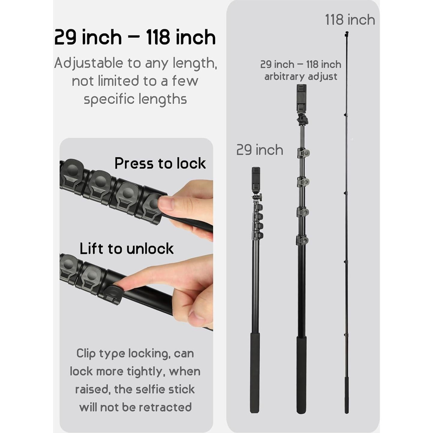 BMZX 118" Long Selfie Stick for 360 Cameras GoPro,9.8ft with Wireless Remote, Selfie Stick for iPhone, Android, Fit for Insta360 X5, X4, GoPro,DJI Action 5 Pro Osmo Pocket 3(29 to 118")