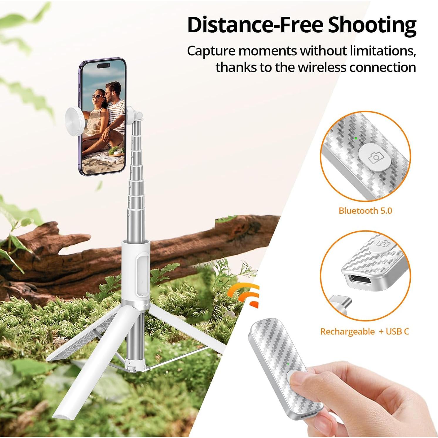 Trípode de Selfie ATUMTEK 62" Aluminio Bluetooth Blanco