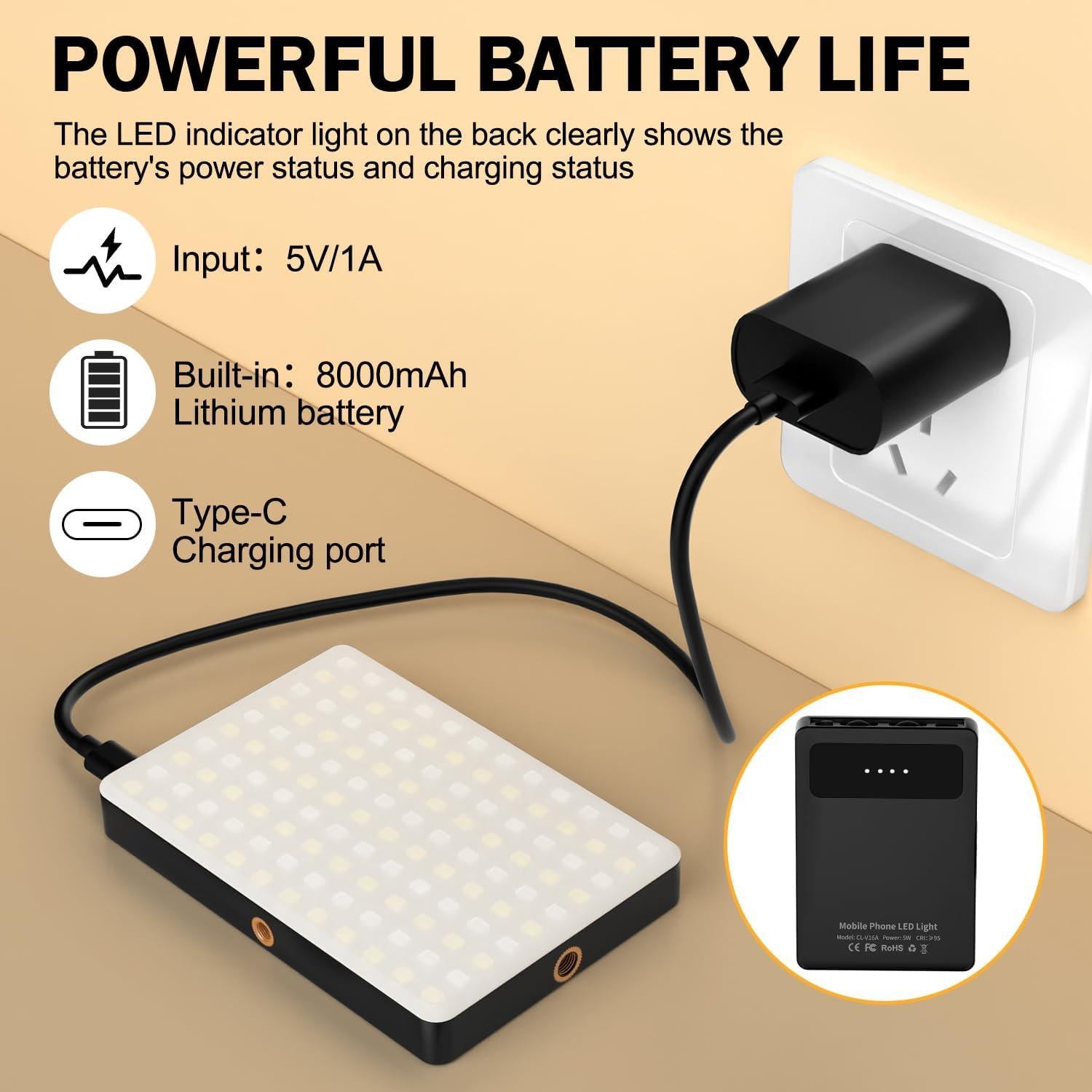 Luz de Selfie LED 120 Singwil - Batería 8000mAh, 3 Modos