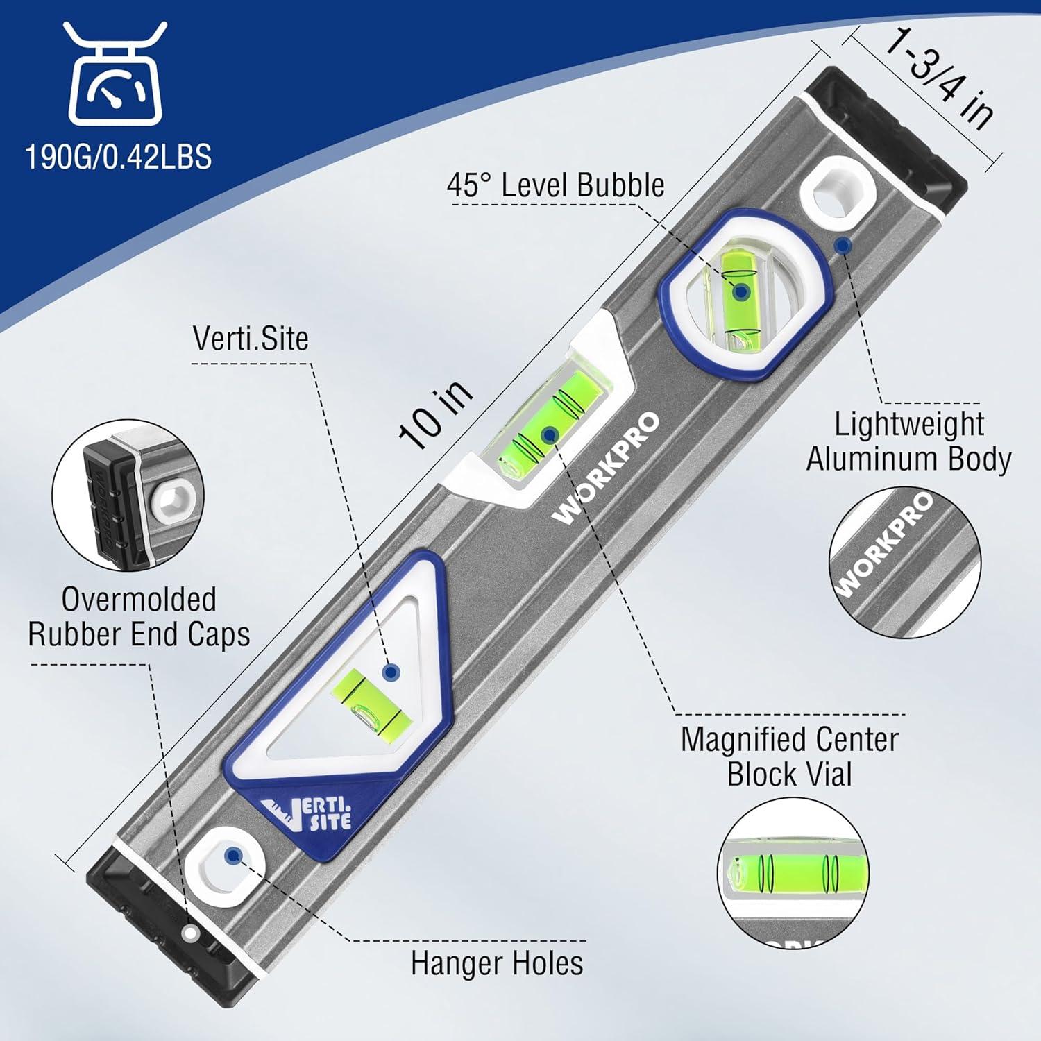 Nivel Torpedo WORKPRO 25 cm con 3 Burbujeas y V-Groove