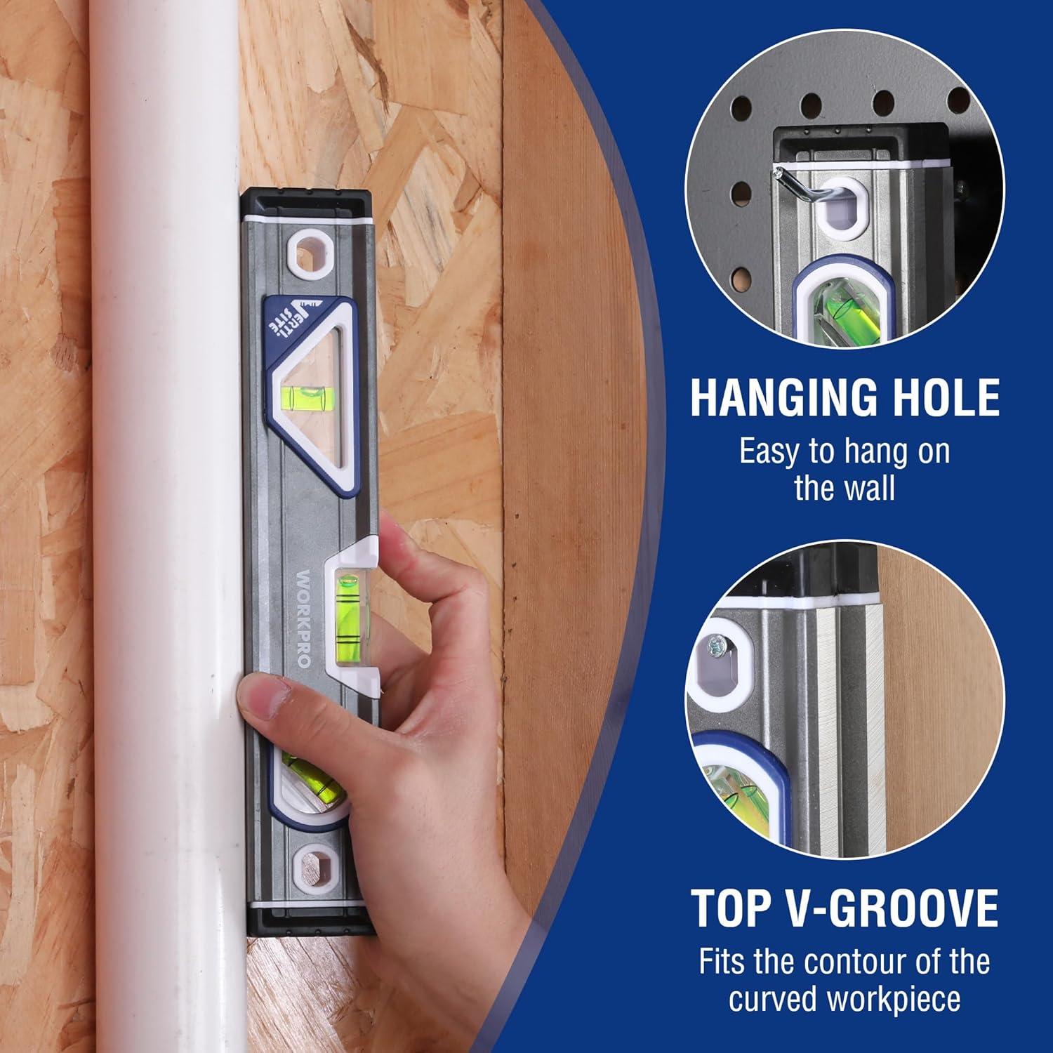 Nivel Torpedo WORKPRO 25 cm con 3 Burbujeas y V-Groove