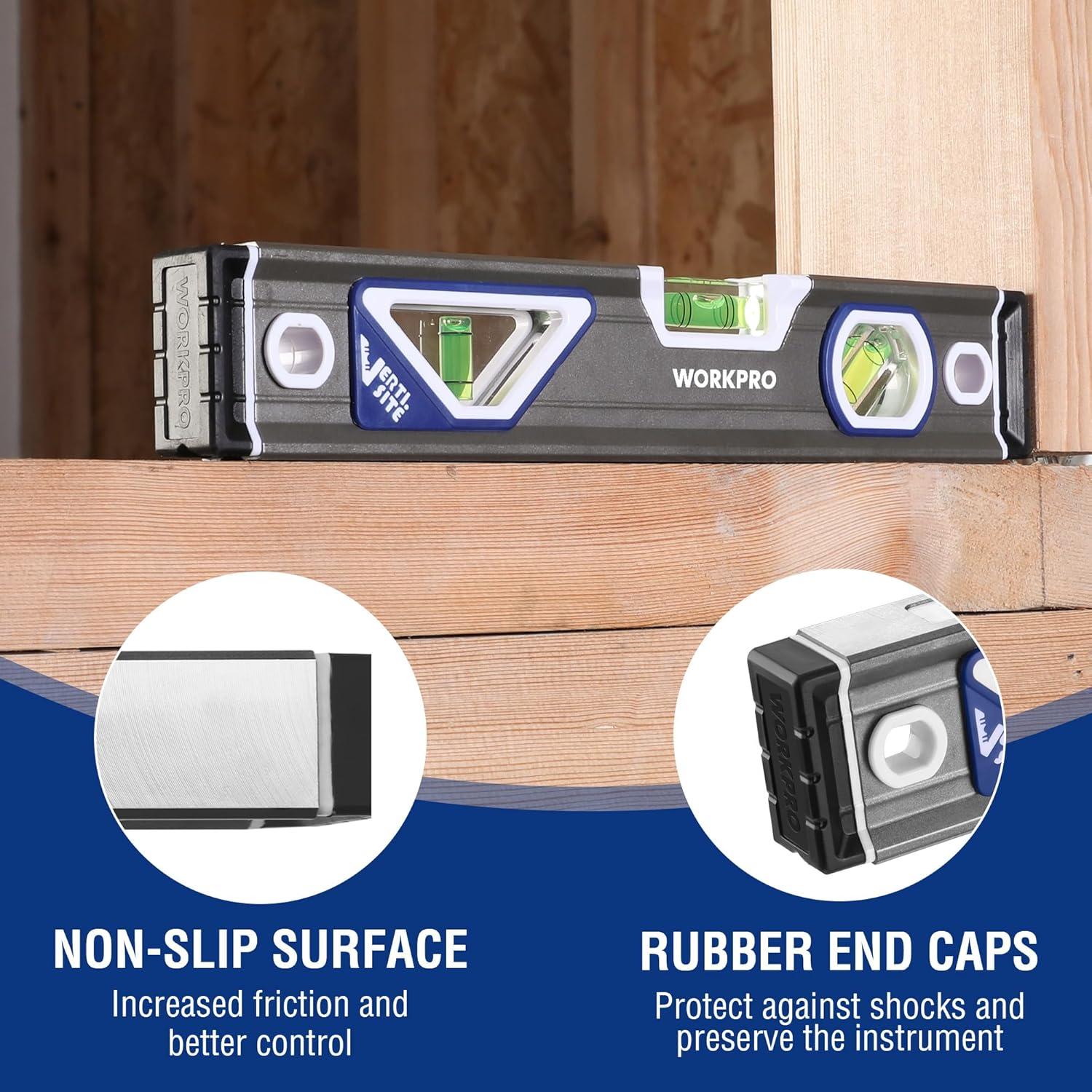 Nivel Torpedo WORKPRO 25 cm con 3 Burbujeas y V-Groove