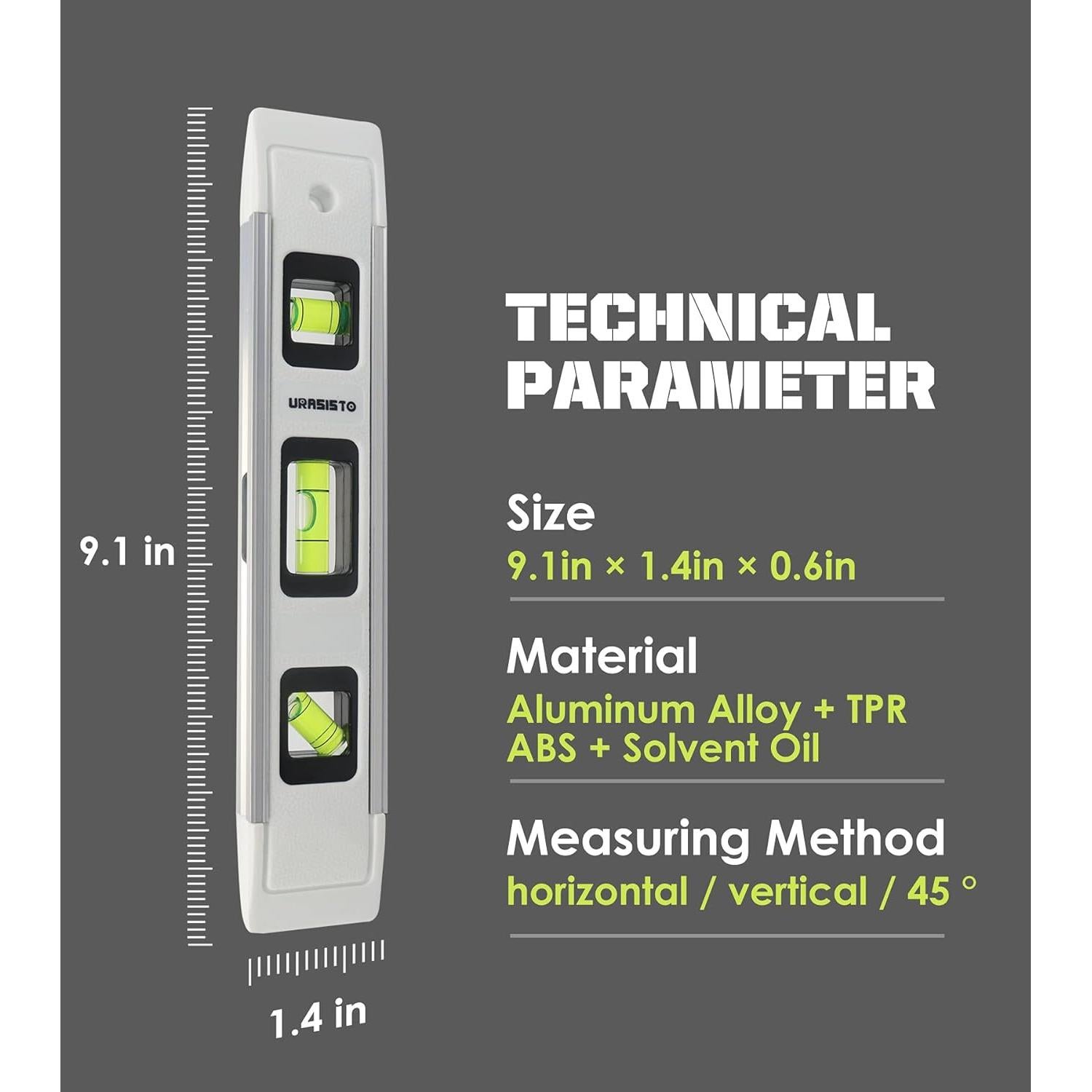 Paquete de 2 Niveles Torpedo URASISTO 9" con Burbuja 45°/90°/180°