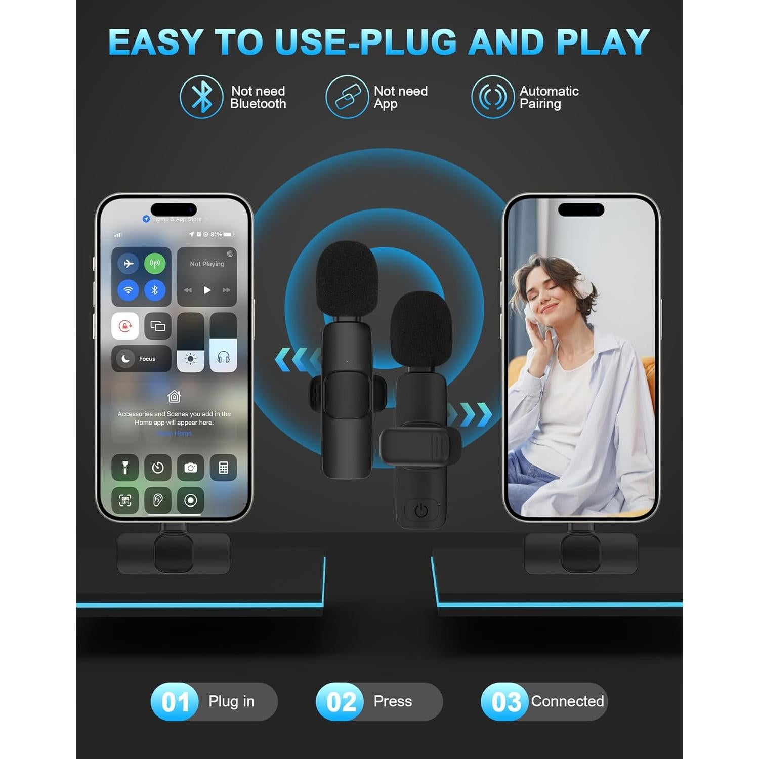 Micrófono Lavalier Inalámbrico Bordsek K1 USB-C para iPhone y Android