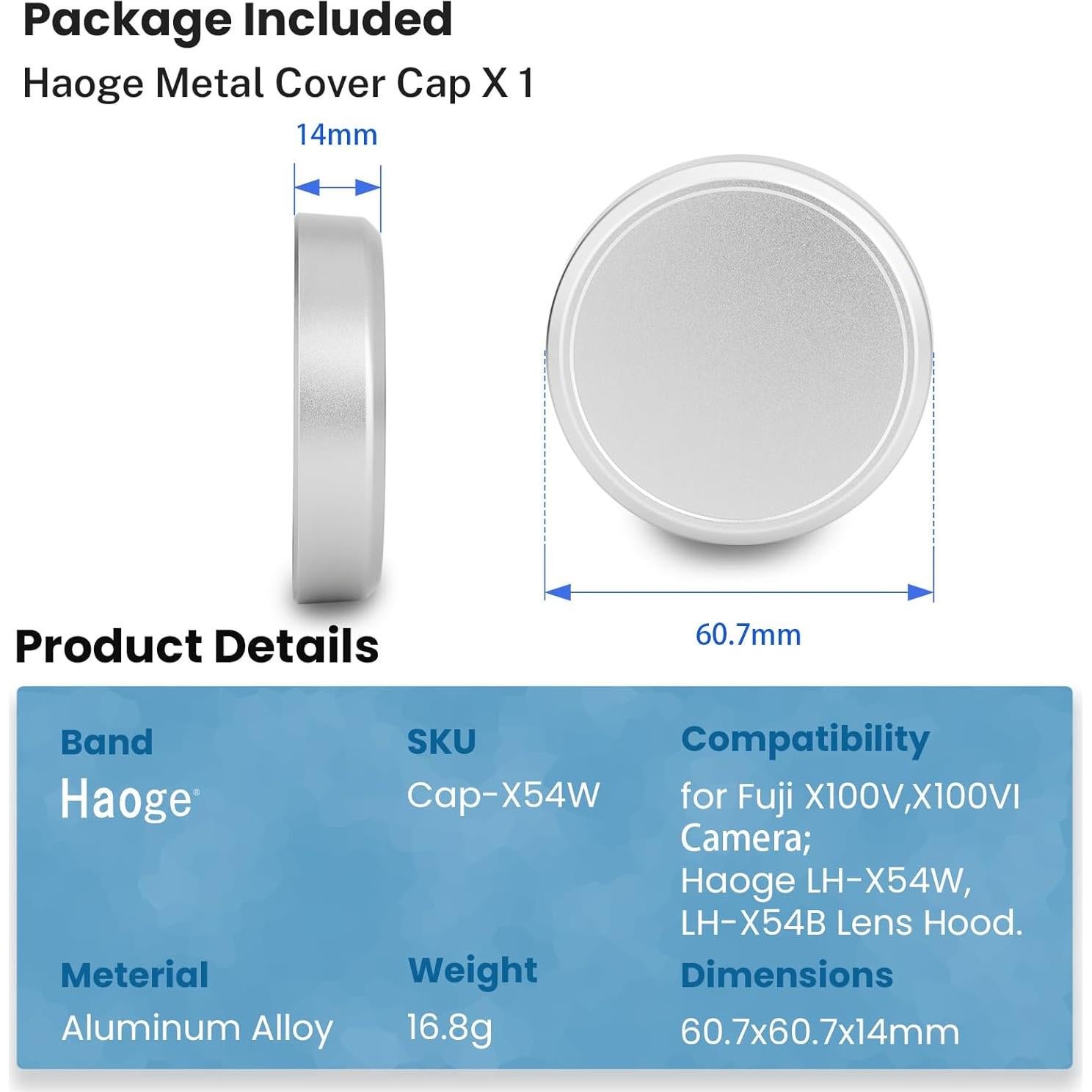 Capucha de lente de metal Haoge para Fujifilm X100VI/X100V Plata