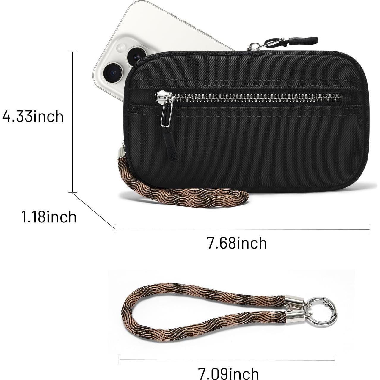 Cartera de muñeca unisex negra con 2 bolsillos y llavero