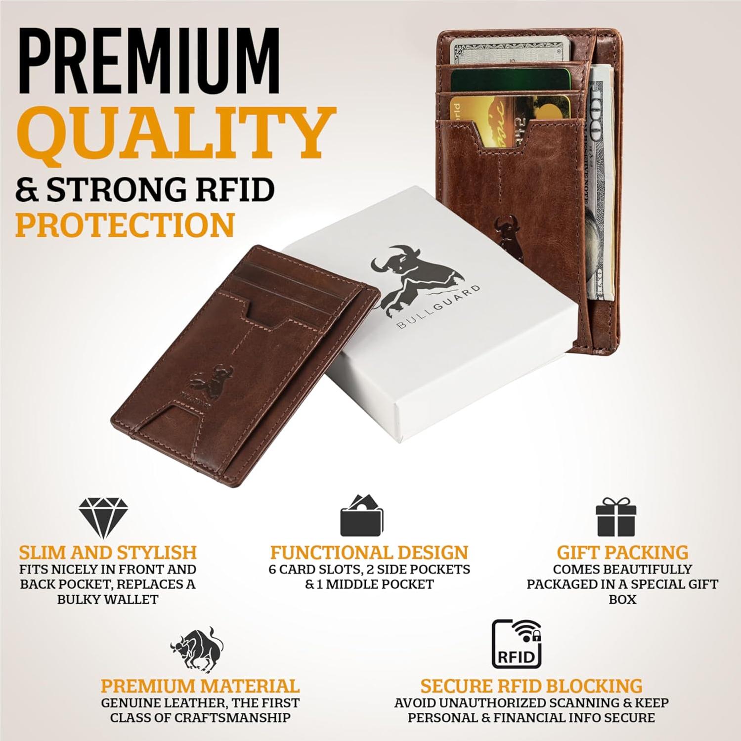 Cartera delgada de cuero Bull Guard con bloqueo RFID - Marrón