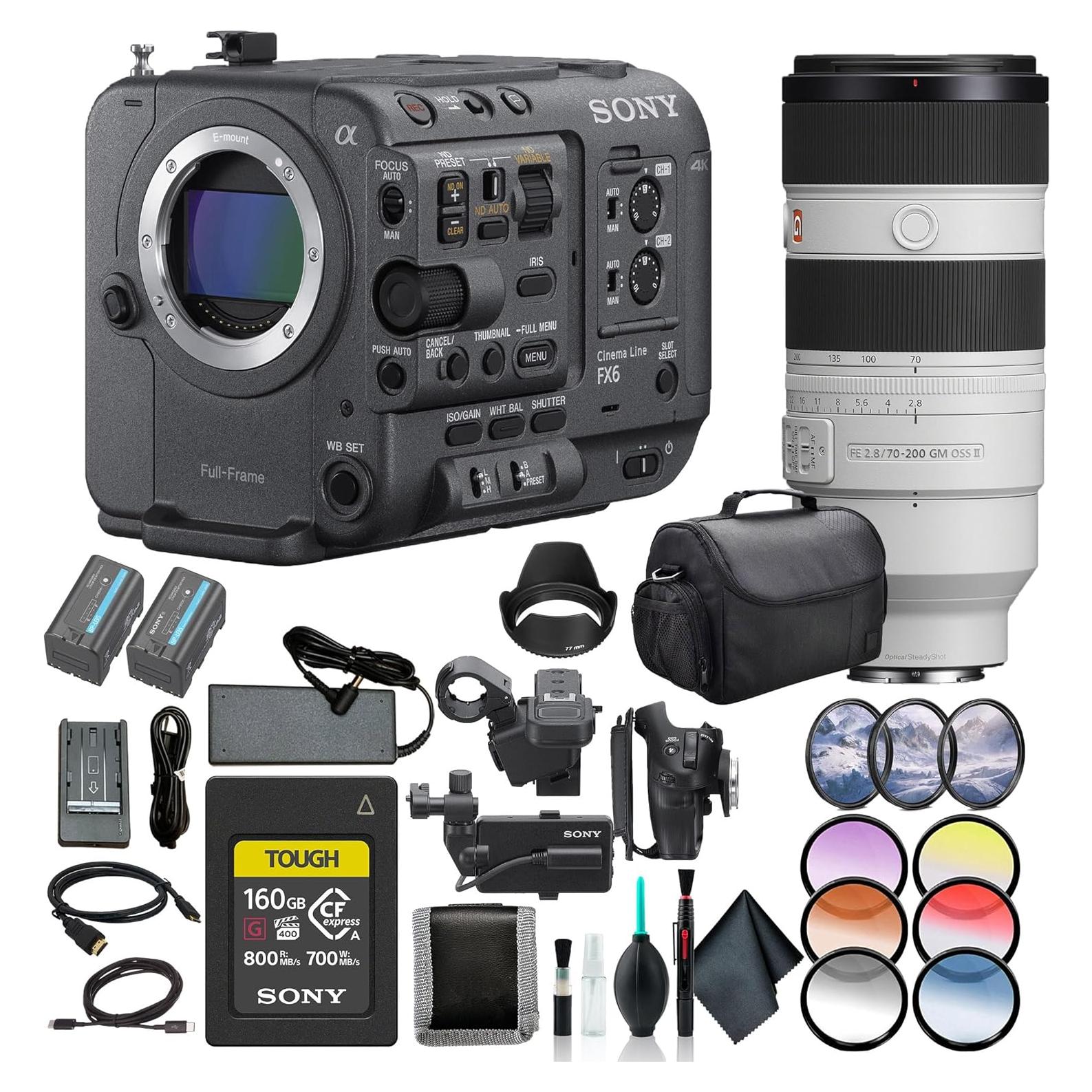 Sony FX6 Full-Frame Cinema Camera Body Only ILME-FX6V, Sony FE 70-200mm Lens, 160GB Memory Card, BP-U35 Battery, Filter Kit, Color Filter Kit, Lens Hood, Bag, Memory Card Wallet, and More