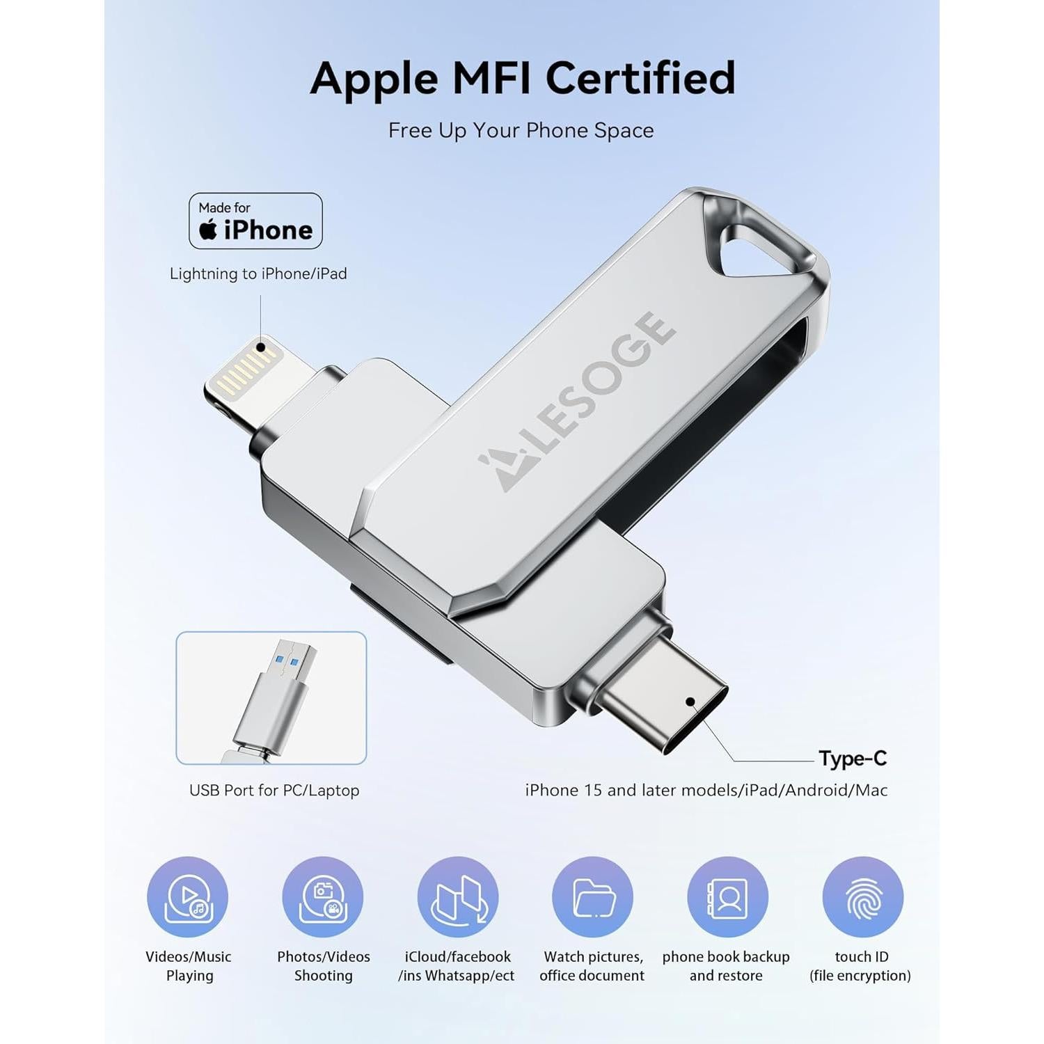 Unidad Flash 512GB LESOGE MFi USB 3 en 1 para iPhone/Android