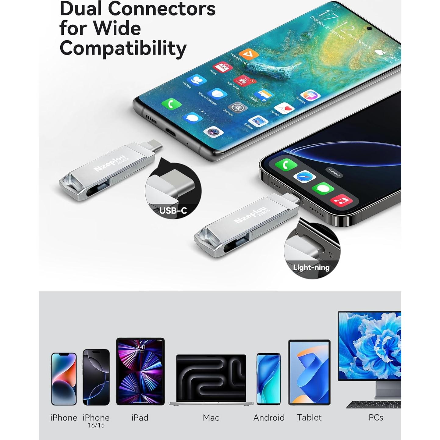 Unidad Flash 256GB Nzeplou para iPhone y iPad, USB 3.0