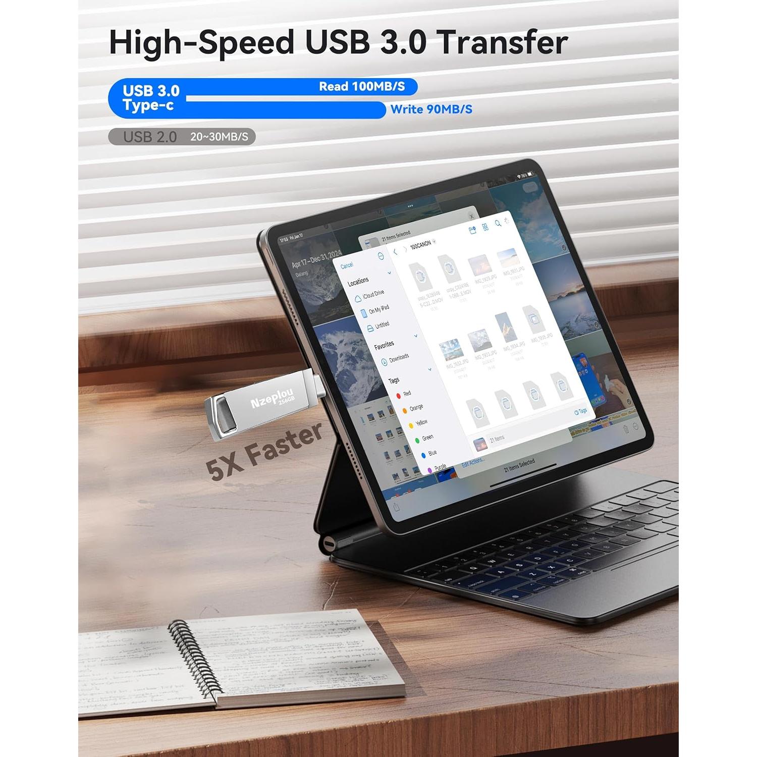 Unidad Flash 256GB Nzeplou para iPhone y iPad, USB 3.0