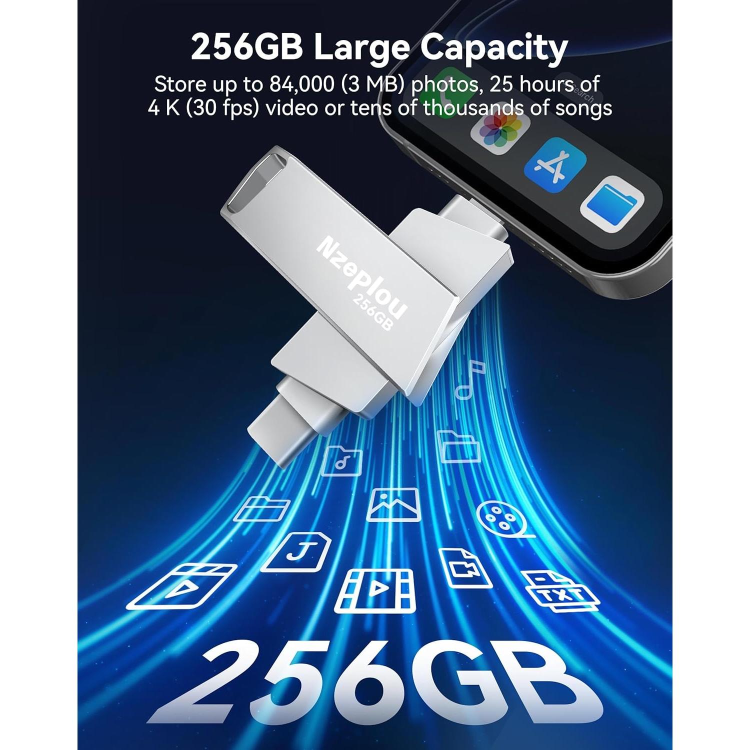 Unidad Flash 256GB Nzeplou para iPhone y iPad, USB 3.0