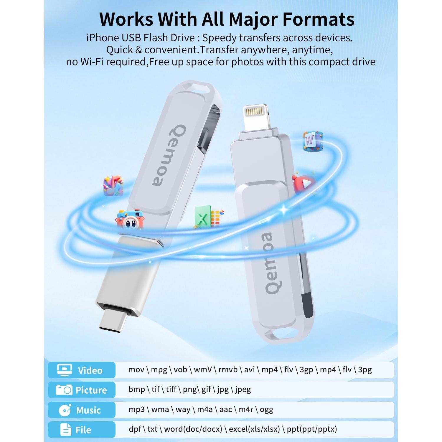 Unidad Flash Qemoa 256GB MFi para iPhone y Android - Gris
