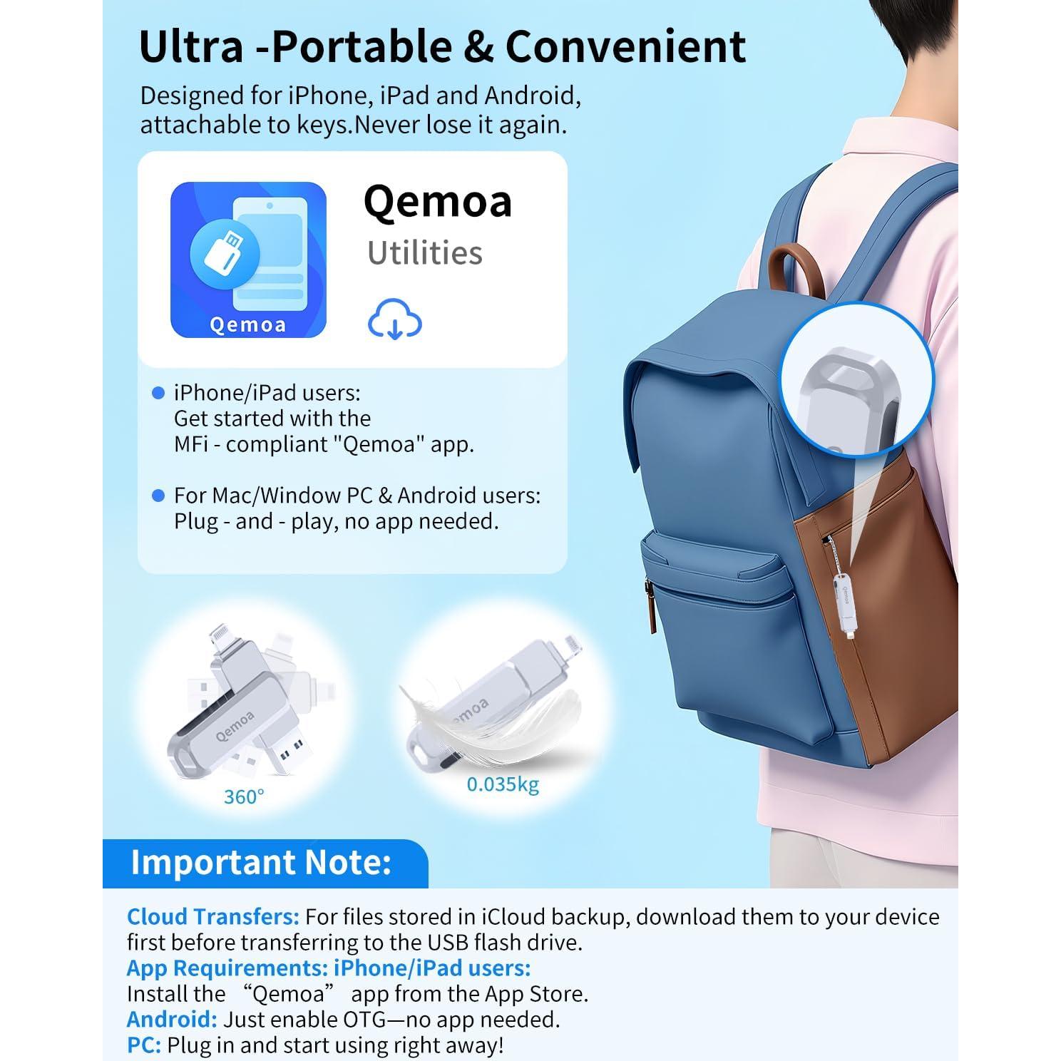 Unidad Flash Qemoa 256GB MFi para iPhone y Android - Gris