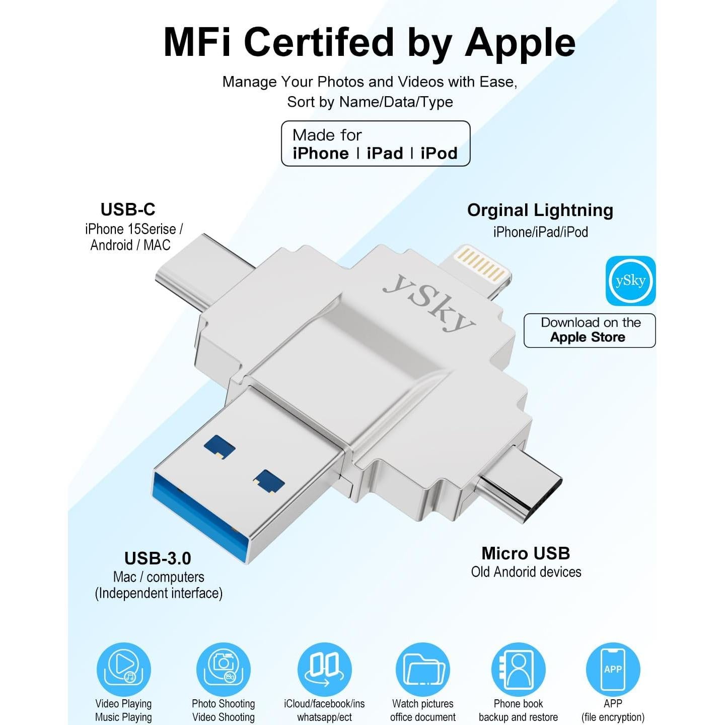 Memoria USB 1TB ySky MFi 4 en 1 para iPhone/iPad/Android