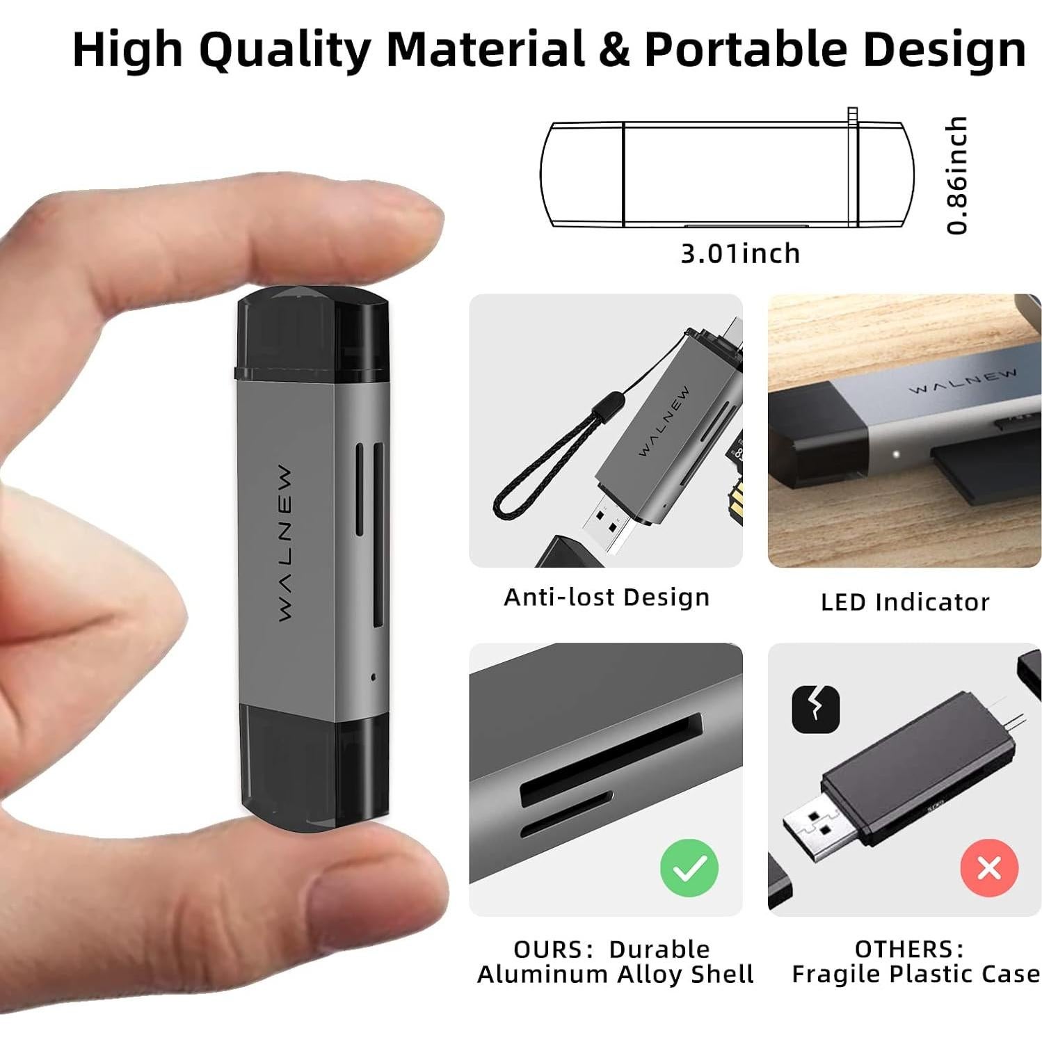 Lector de Tarjetas SD USB 3.0 y USB-C WALNEW - Soporta 2TB