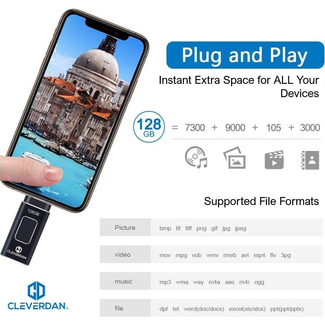 Memoria USB 4-en-1 Cleverdan 128GB para iPhone y Android