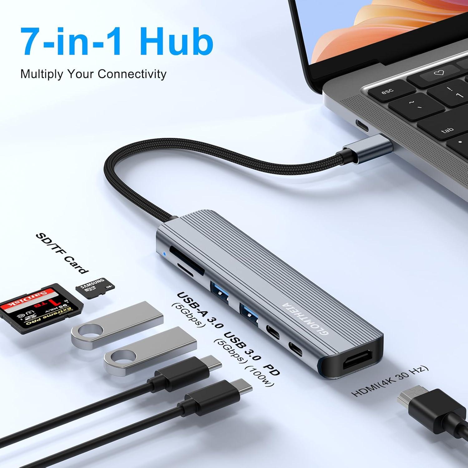 Hub USB C 7-en-1 Glomtheia con HDMI 4K y 100W PD