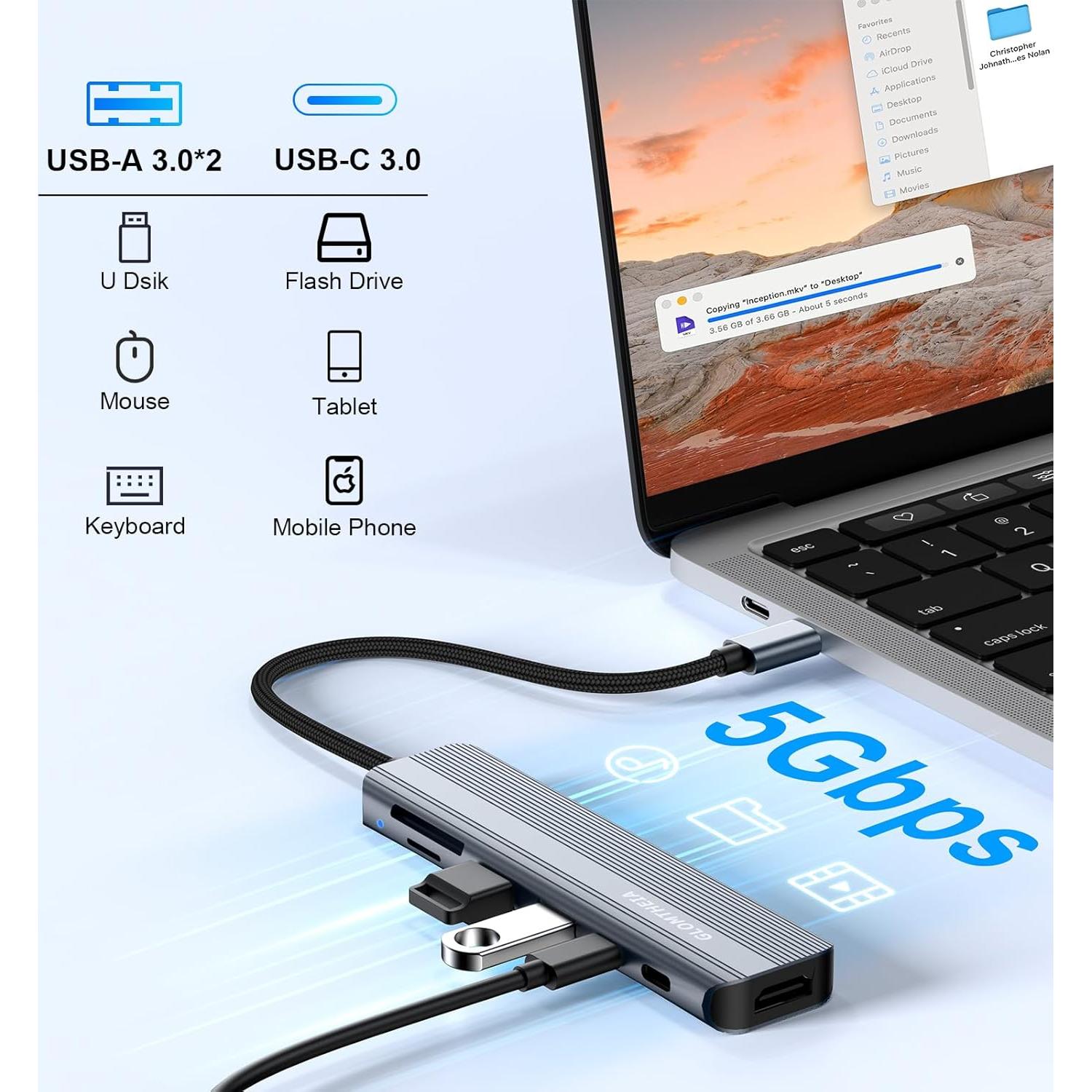 Hub USB C 7-en-1 Glomtheia con HDMI 4K y 100W PD