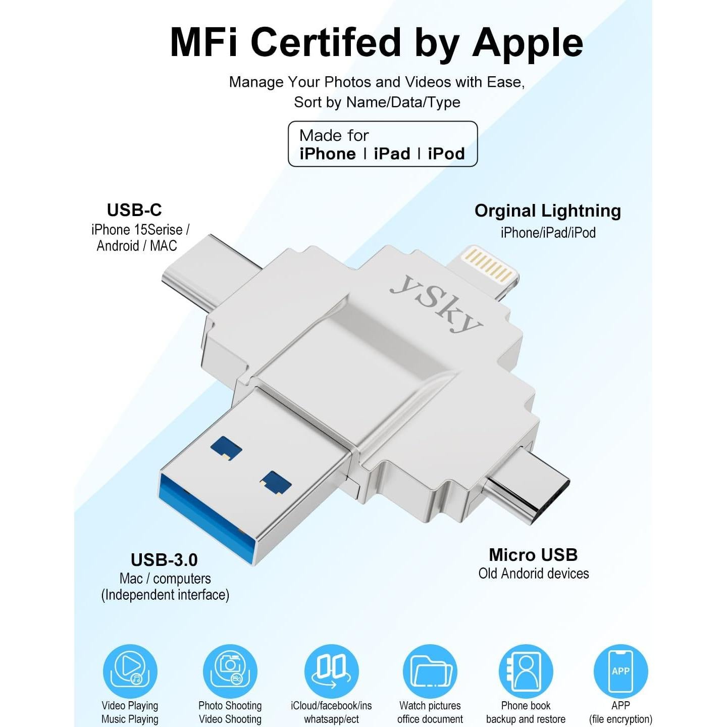 Unidad Flash 512GB MFi ySky 4 en 1 para iPhone y Android