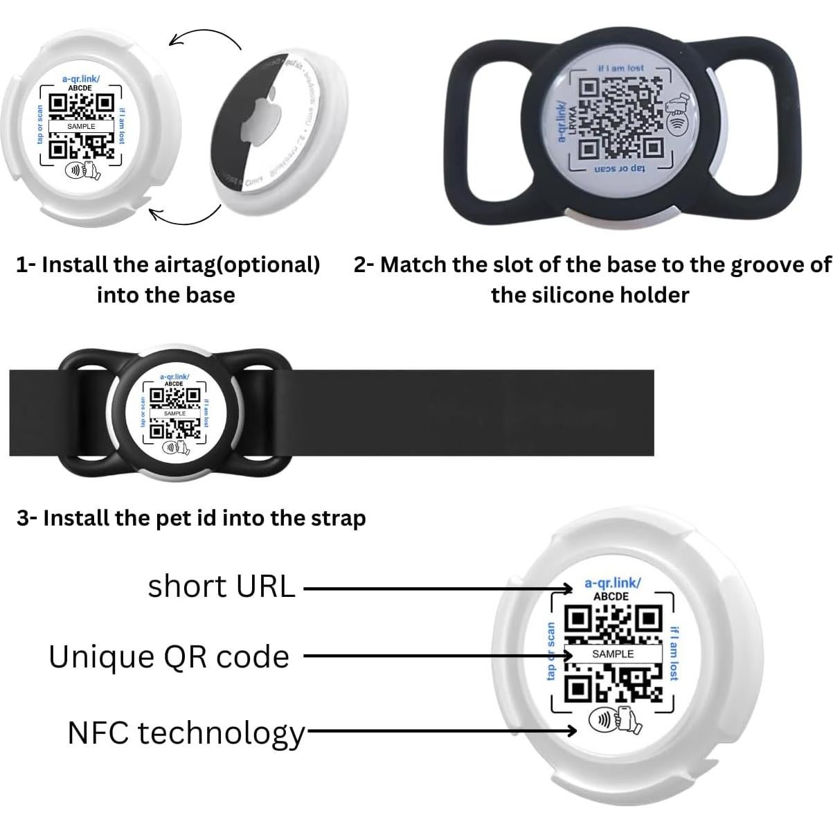 Identificador de Mascota NFC QRLynk - Collar Silencioso Negro