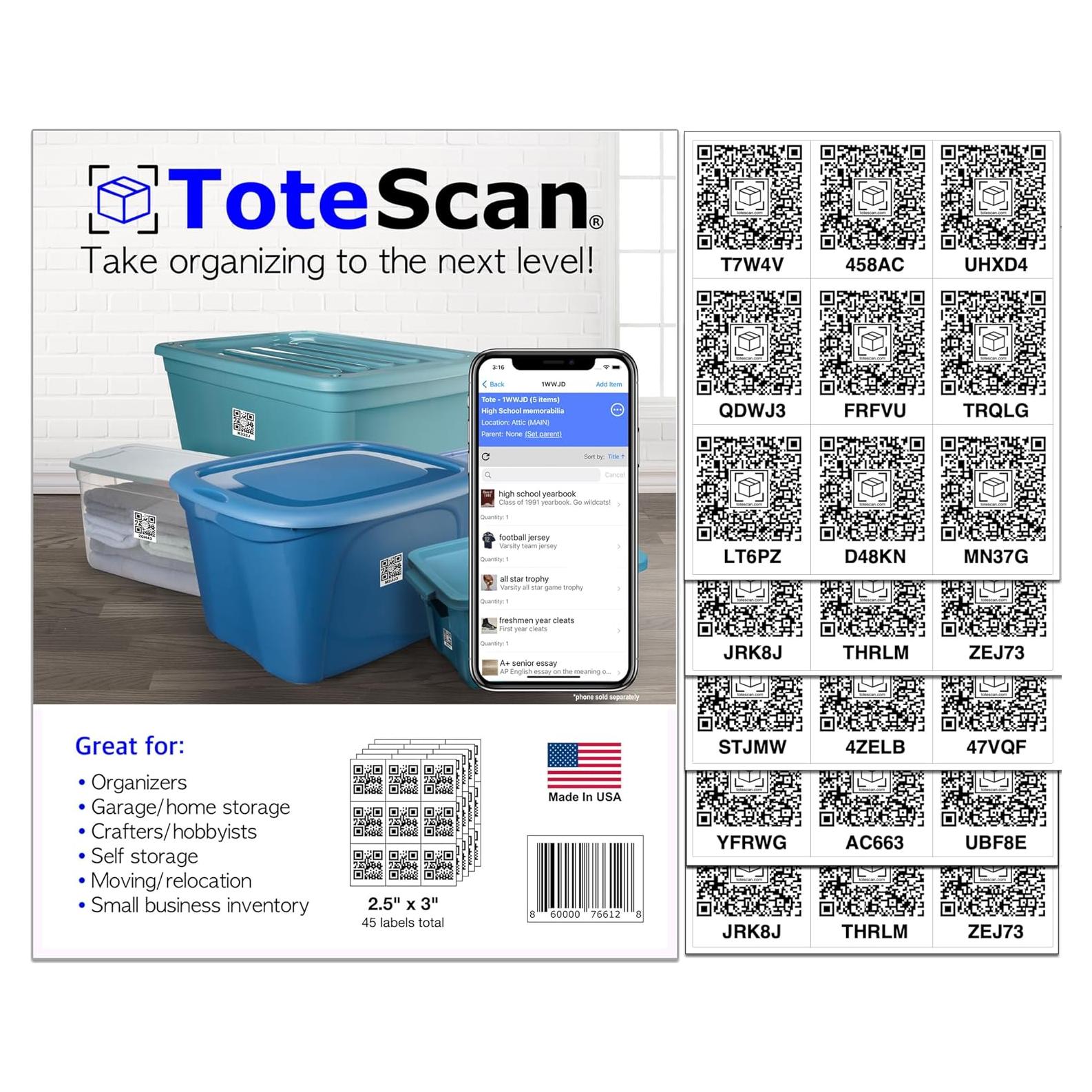 Etiquetas QR Inteligentes ToteScan 45 Unidades 6.35x7.62cm