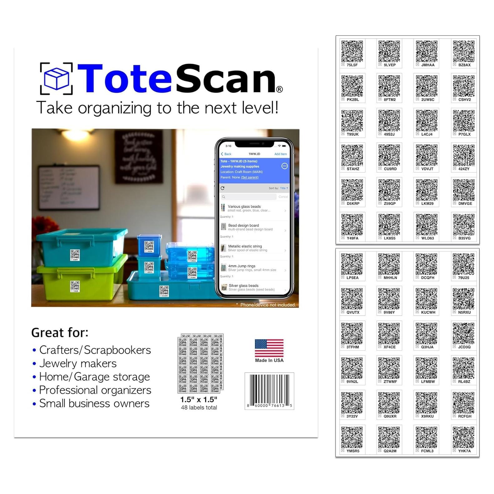 Etiquetas QR Inteligentes ToteScan 48 Unidades 3.81cm x 3.81cm