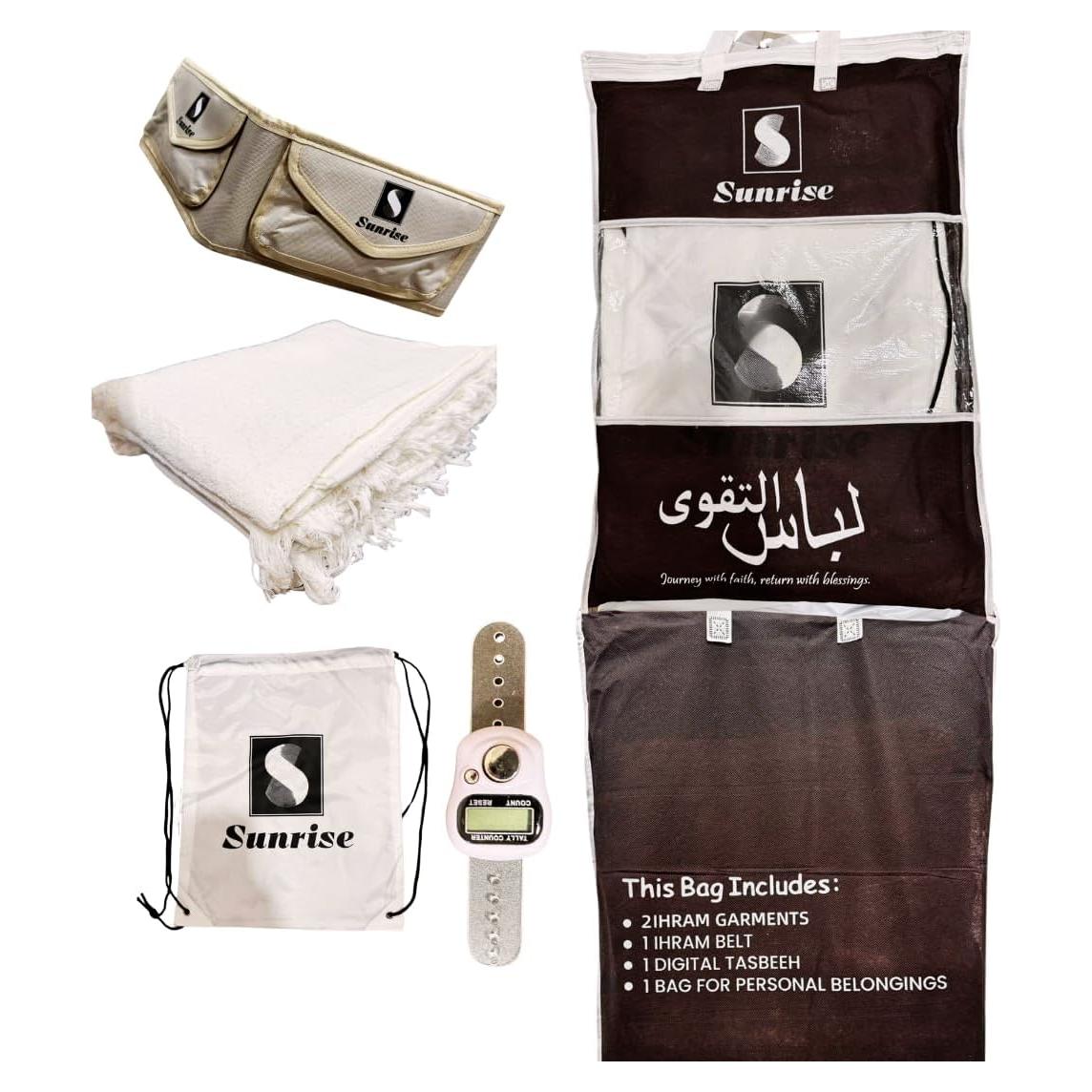 Conjunto Ihram Completo S Sunrise para Hajj y Umrah - 2 Prendas, 2 Cinturones, Contador Digital