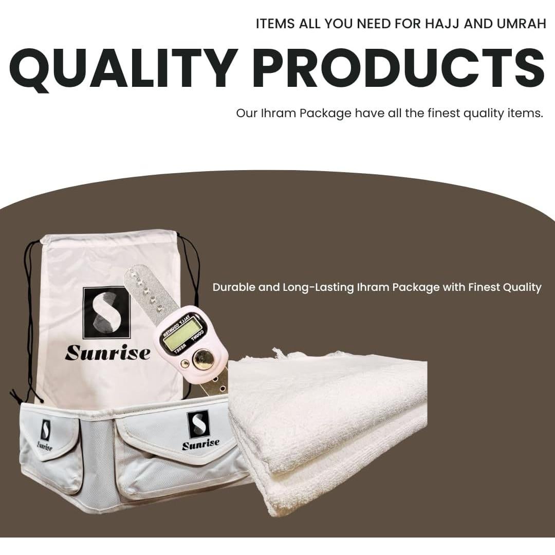 Conjunto Ihram Completo S Sunrise para Hajj y Umrah - 2 Prendas, 2 Cinturones, Contador Digital