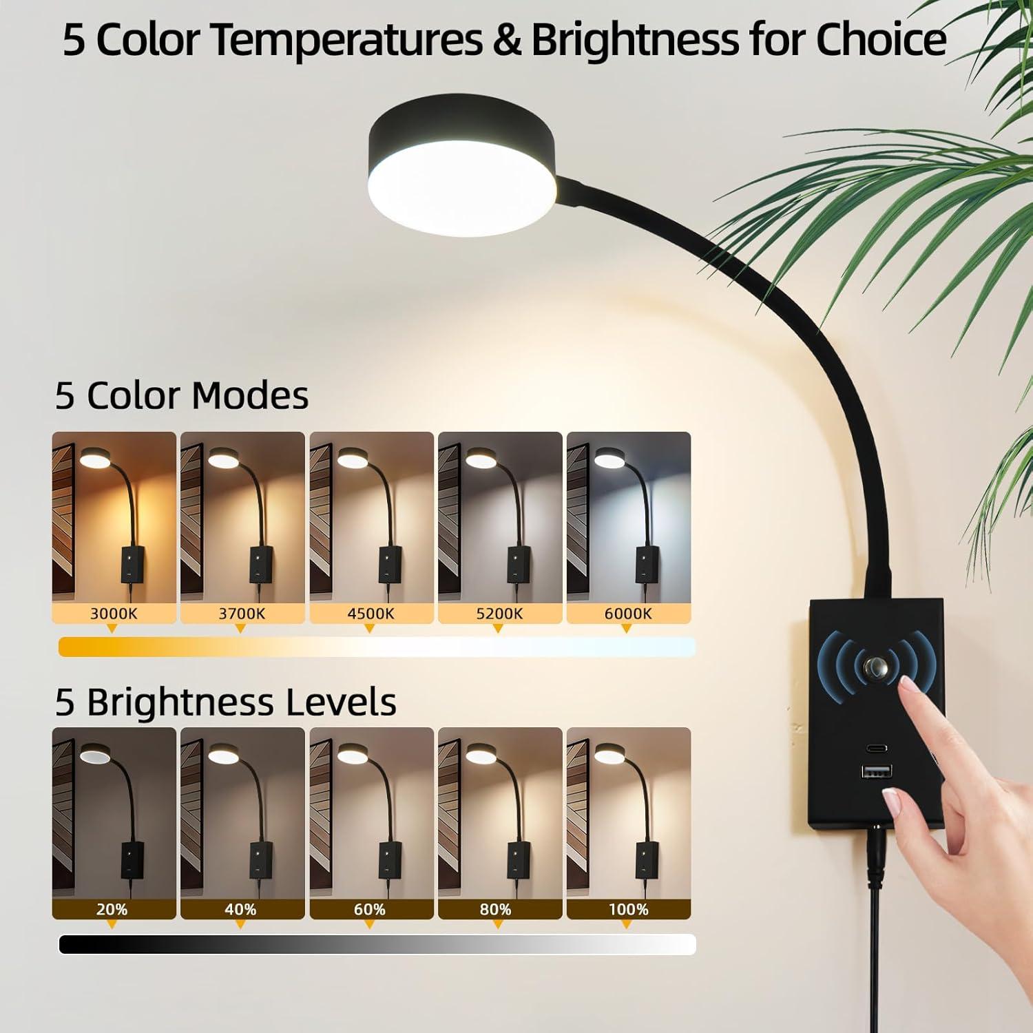 Luz de Lectura LED Montada en Pared NOVCAND con USB y Brazo Flexible