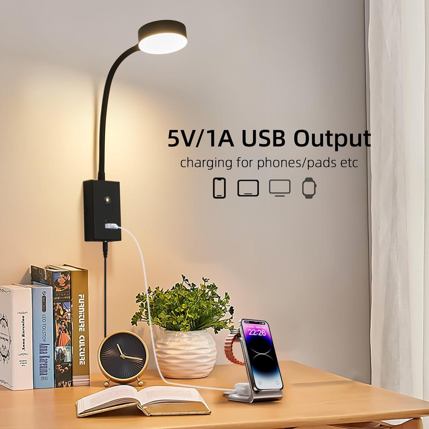 Luz de Lectura LED Montada en Pared NOVCAND con USB y Brazo Flexible