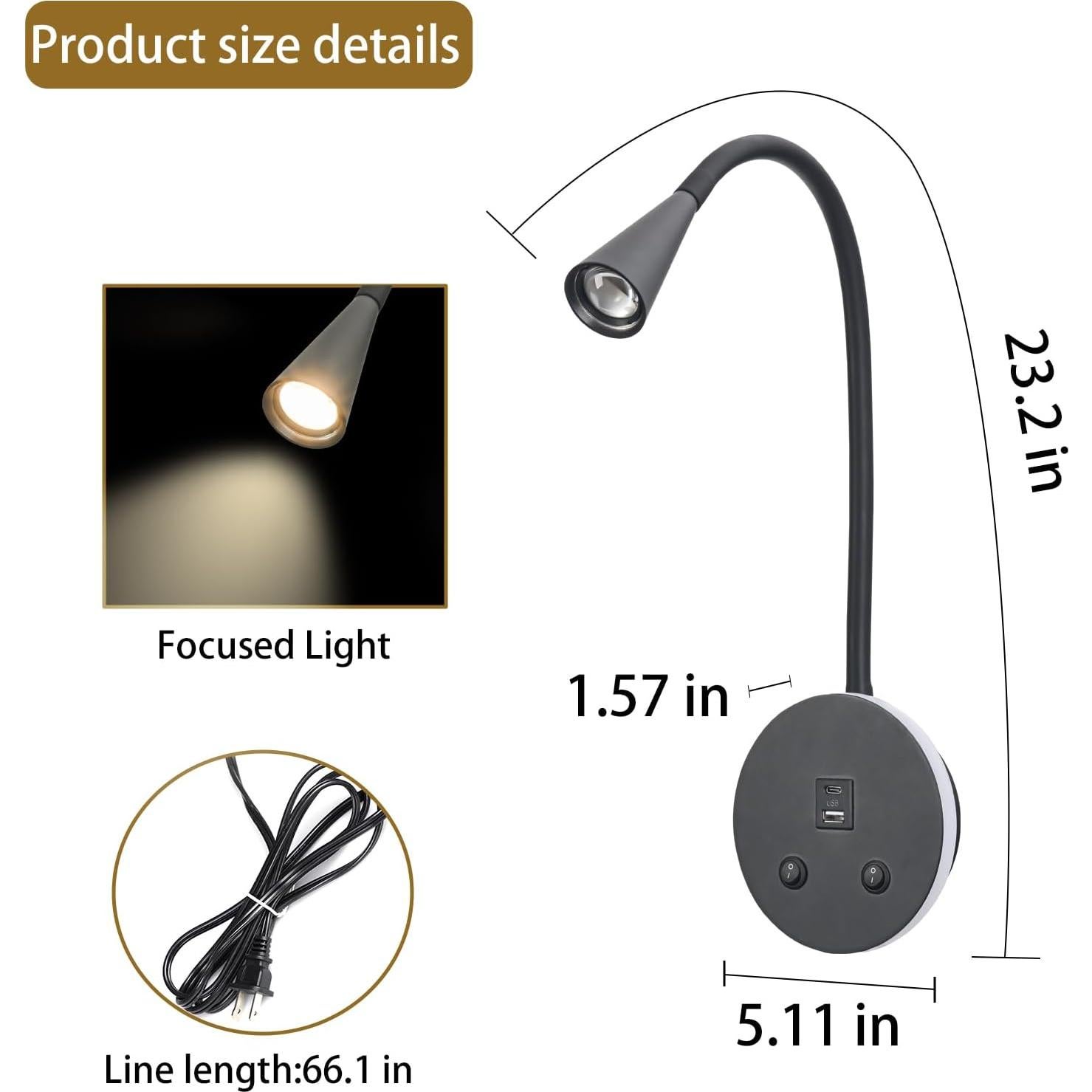 Luz de Lectura LED MOLUOLA S21 con USB y Cuello de Ganso Negro