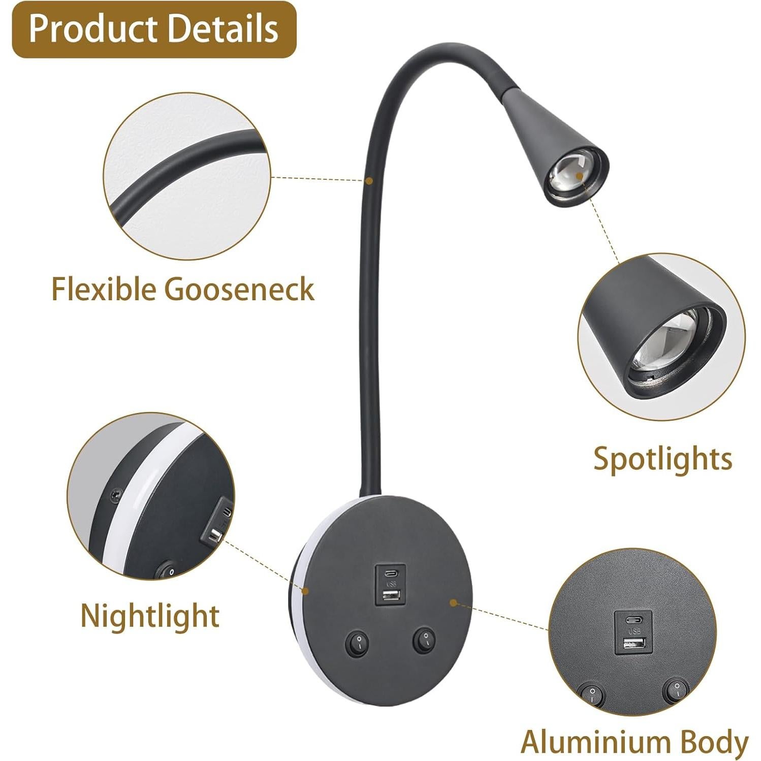 Luz de Lectura LED MOLUOLA S21 con USB y Cuello de Ganso Negro