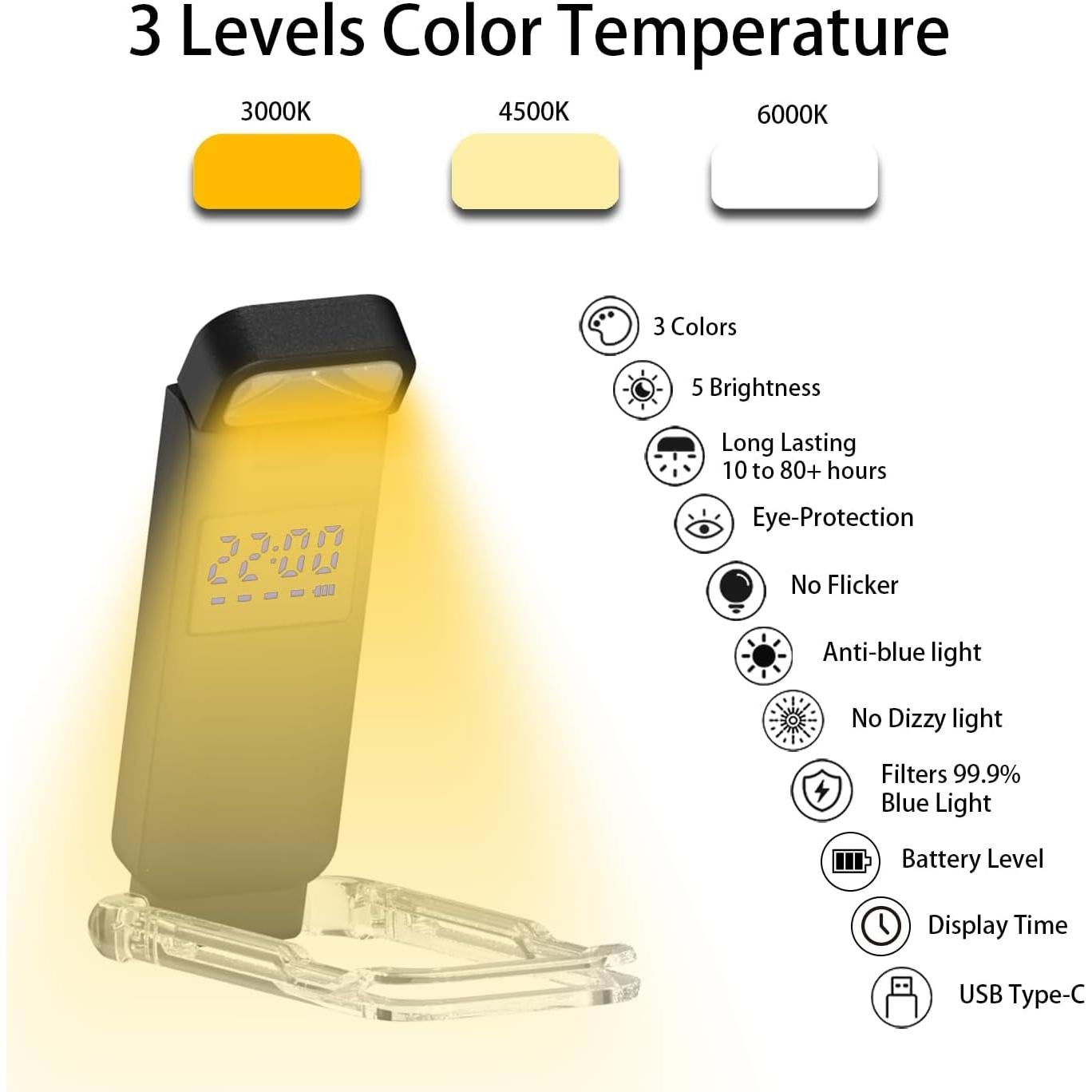 Luz de Lectura LED Recargable SFV Clip-on 3 Modos 80H Negro