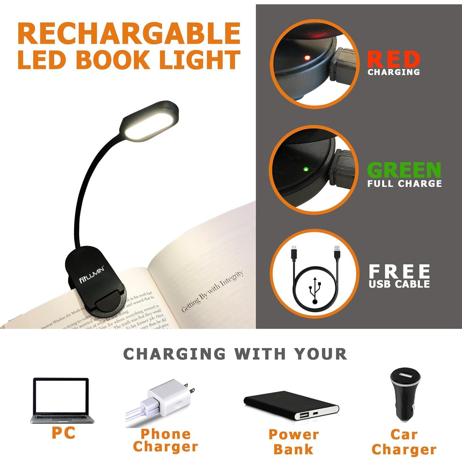Luz de Libro LED Fitlumin Recargable 3000K con Clip