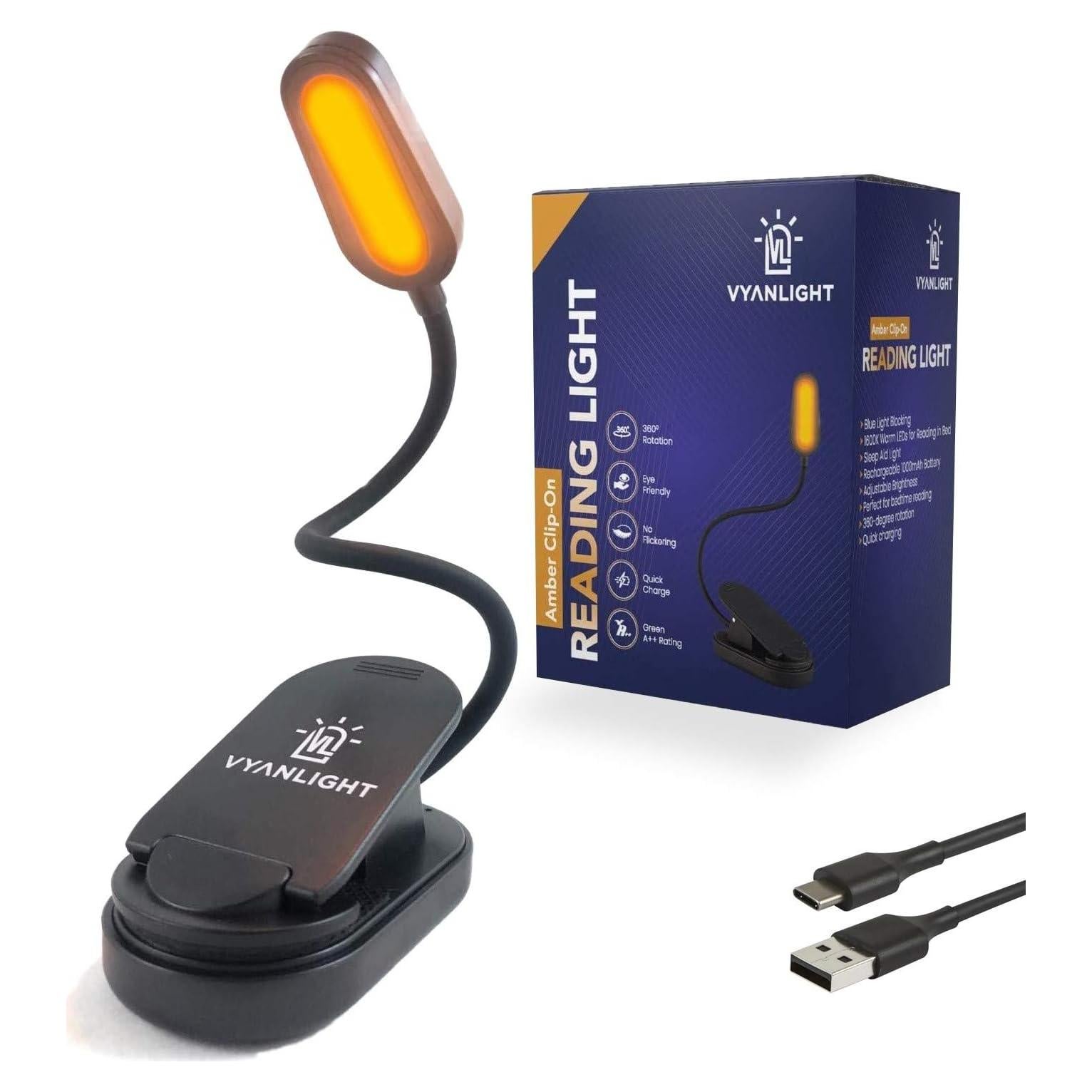 Luz de libro VYANLIGHT LED recargable ámbar 1600K con clip