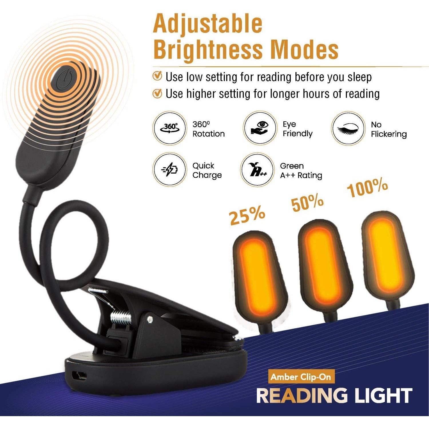 Luz de libro VYANLIGHT LED recargable ámbar 1600K con clip