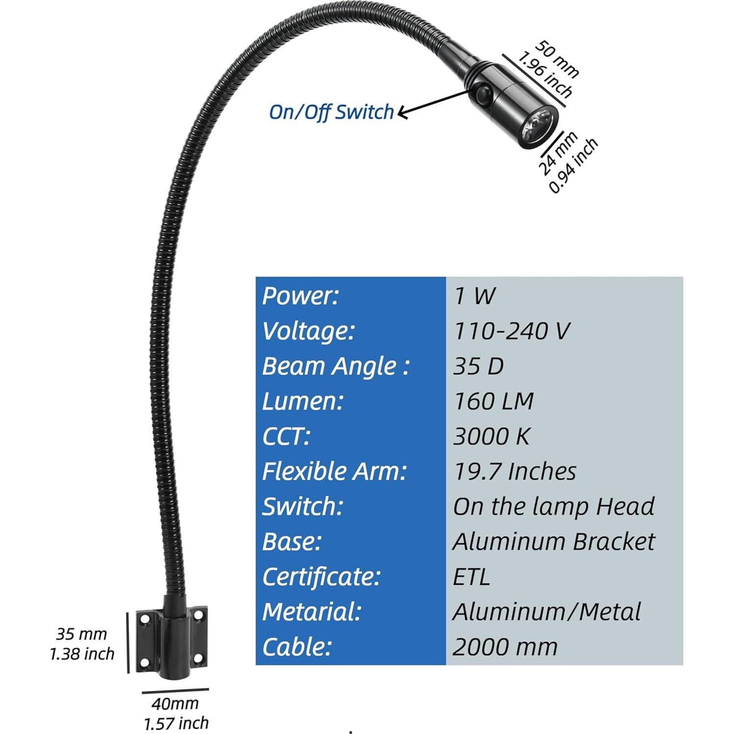 Luz LED de lectura BiNFU montada en pared cuello de ganso negro